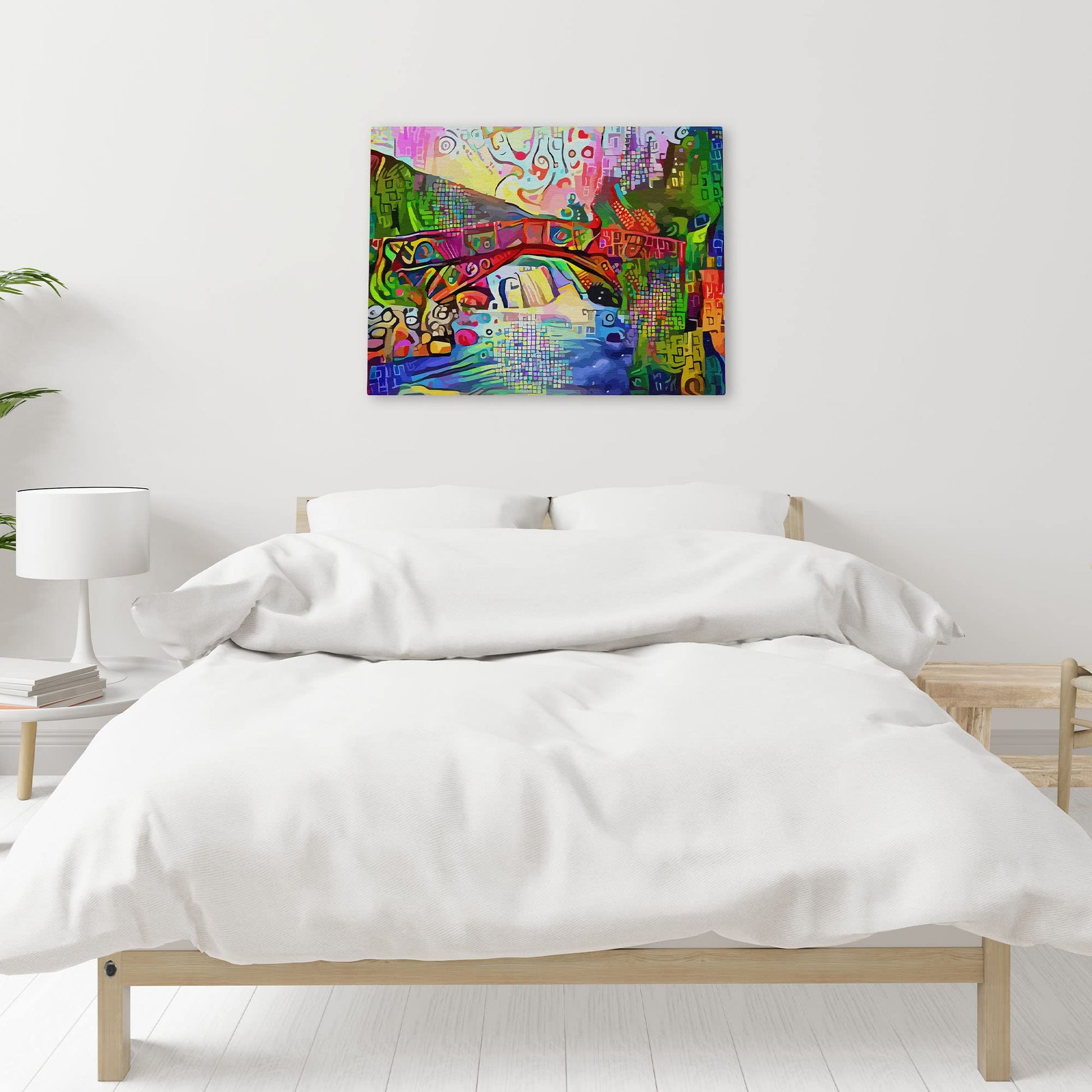 Colorful abstract bridge landscape artwork with vibrant reds, blues, greens, and yellows in intricate mosaic and swirling patterns