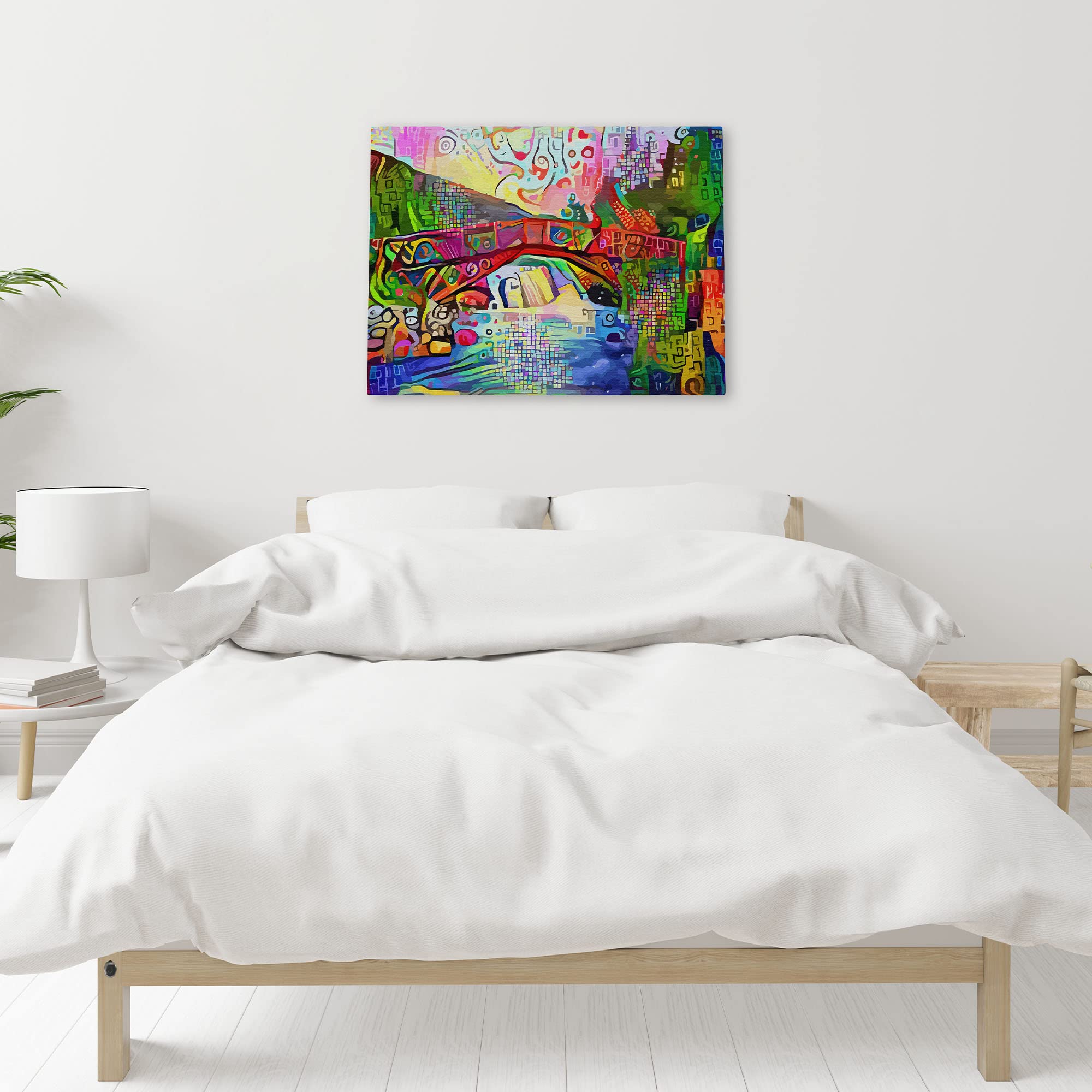 Colorful abstract bridge landscape artwork with vibrant reds, blues, greens, and yellows in intricate mosaic and swirling patterns
