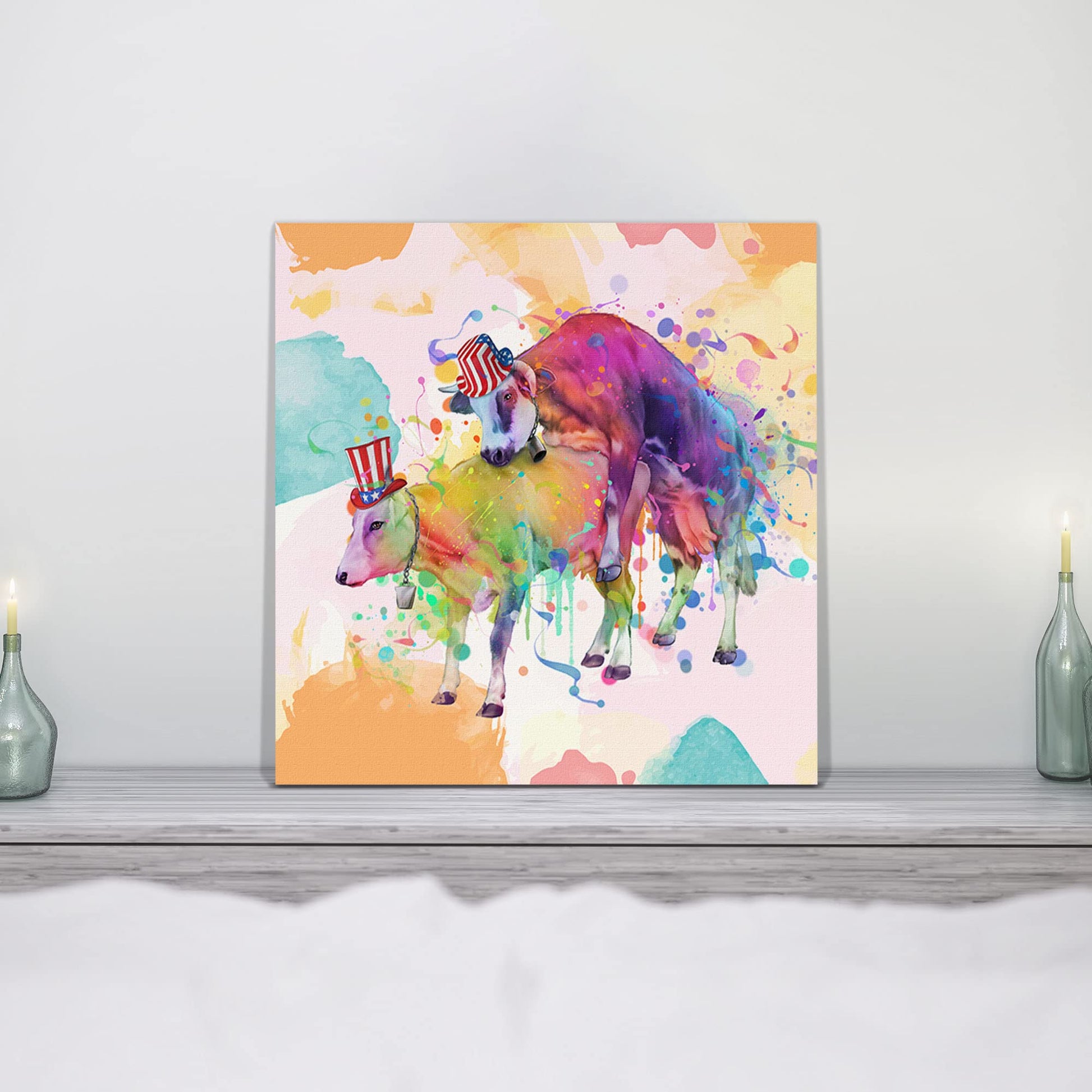 Colorful watercolor funny rude cows bathroom wall art with two cows wearing patriotic USA hats in vibrant abstract splash background