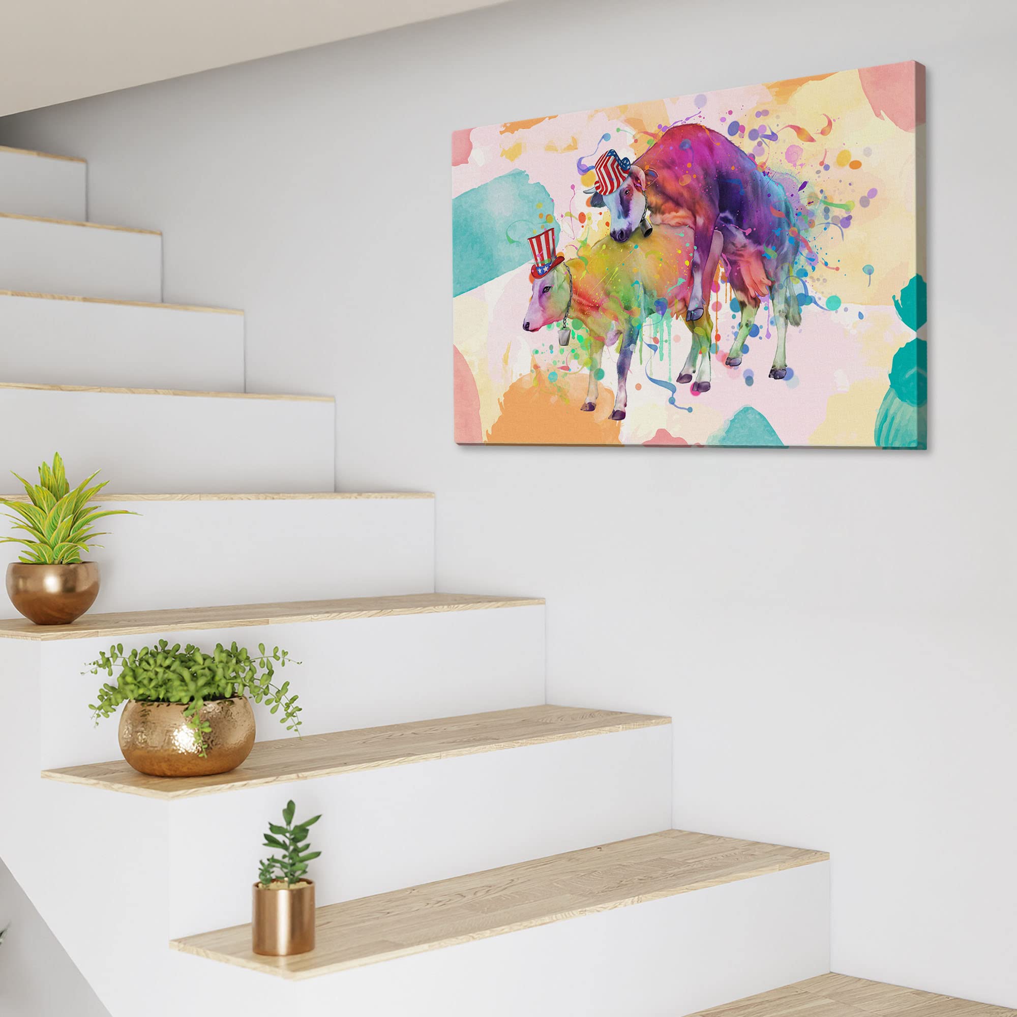 Colorful watercolor funny rude cows wall art with two cows wearing patriotic USA hats on vibrant abstract splash background