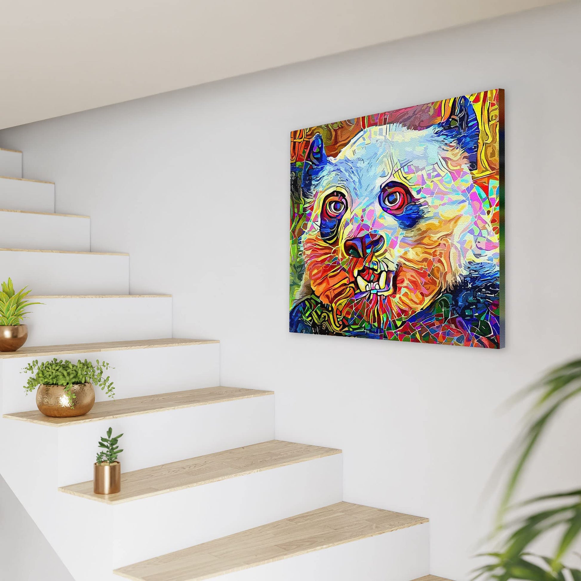 Colorful abstract panda bear with vibrant geometric and swirling patterns on square canvas wall art above staircase