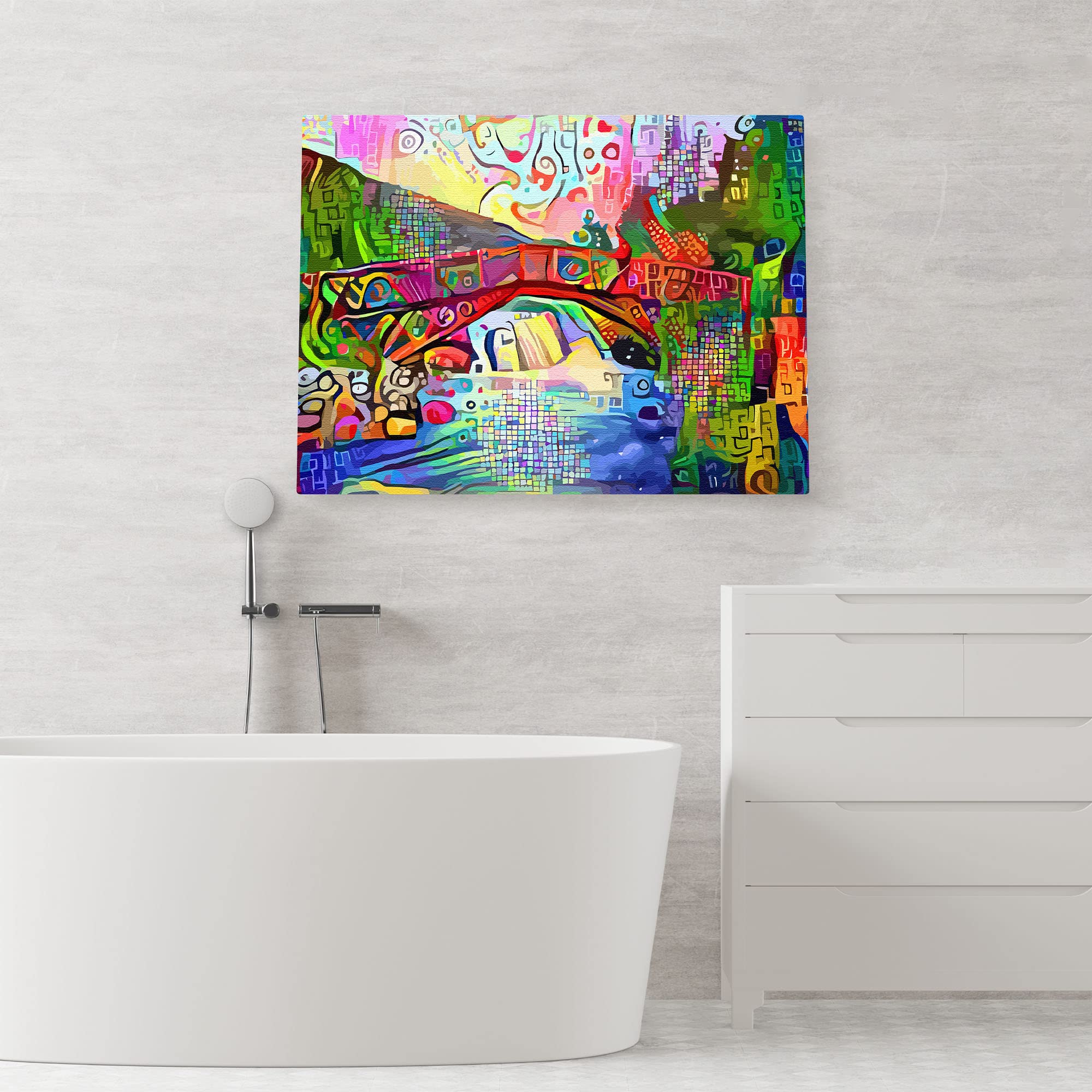 Colorful abstract bridge landscape artwork featuring vibrant reds, blues, greens, and yellows with geometric and swirling patterns