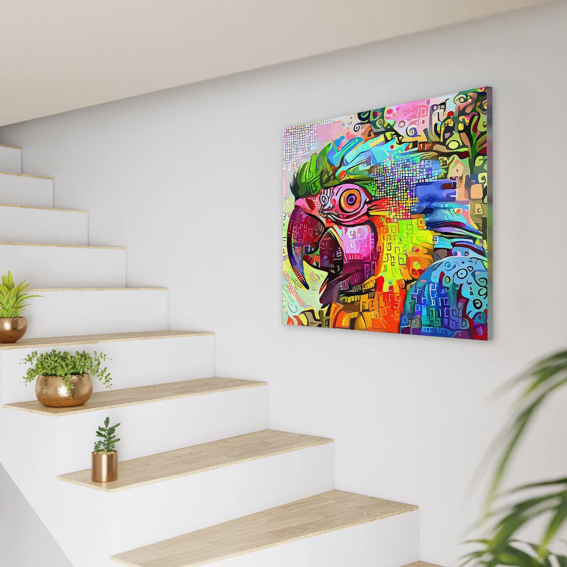 Bright abstract macaw with colorful geometric and textured patterns on square canvas wall art above modern staircase