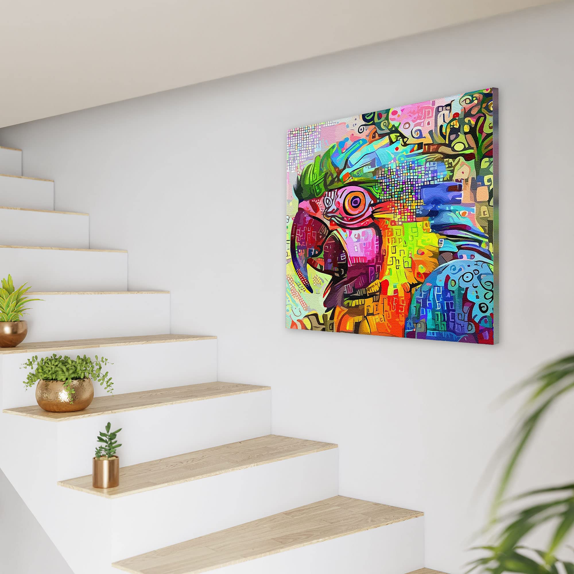 Bright abstract macaw with colorful geometric and textured patterns on square canvas wall art above modern staircase