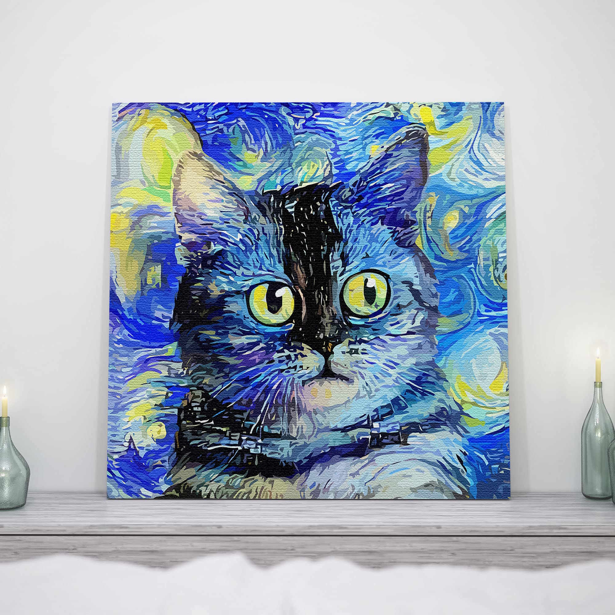 Blue impressionist cat art with vibrant swirling brushstrokes and bright yellow eyes displayed on white wall above gray mantel