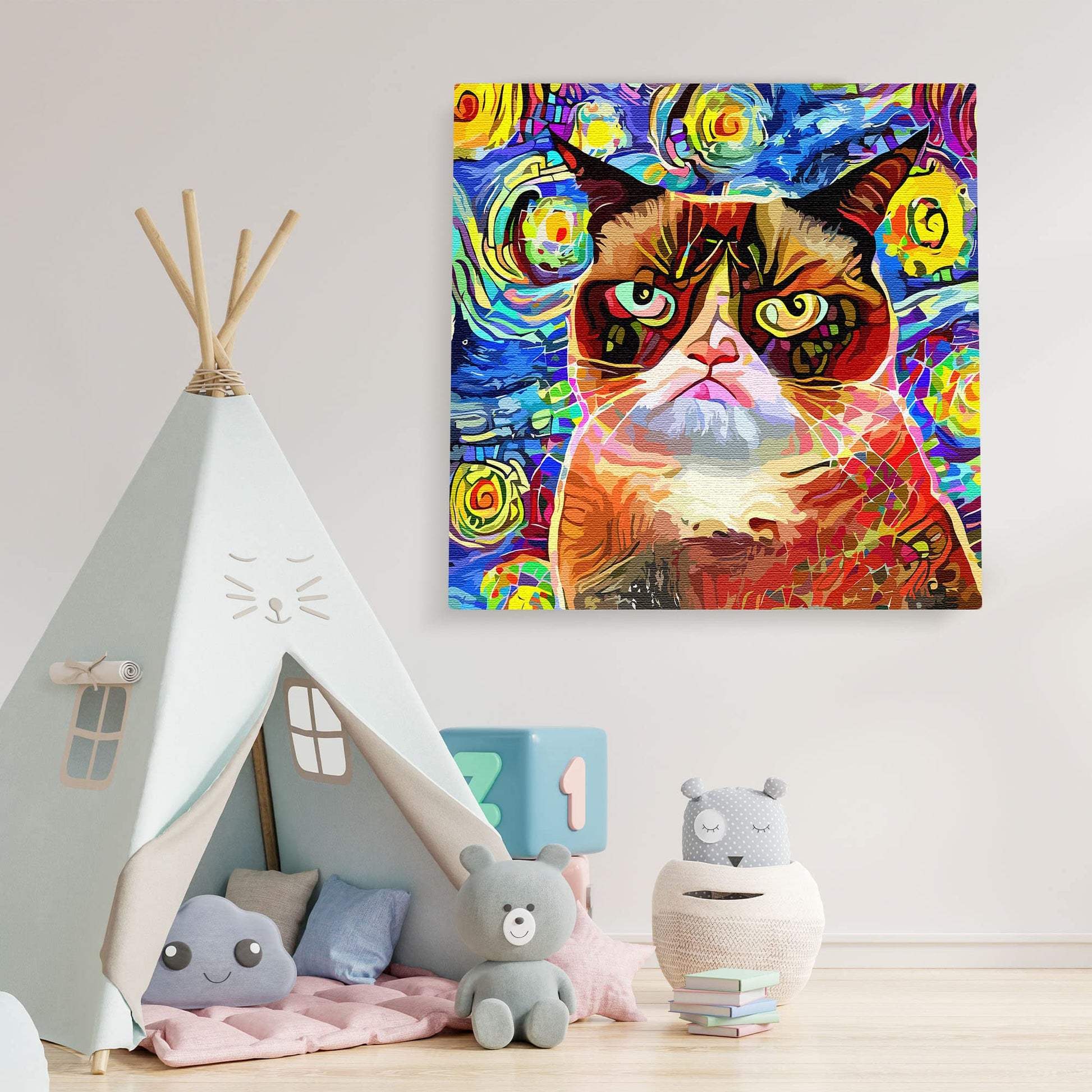 Abstract cat wall art featuring a grumpy cat with rich brown tones against a vibrant swirling blue and yellow starry background