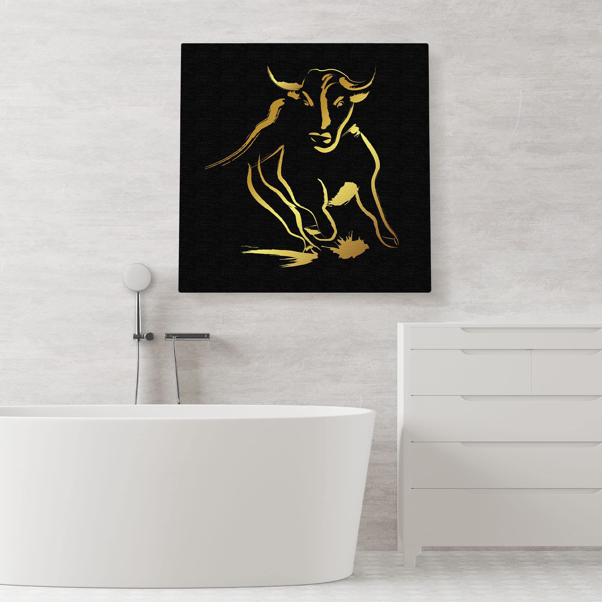 Black and gold abstract bull wall art with fluid brushstroke design on square canvas above modern white bathtub