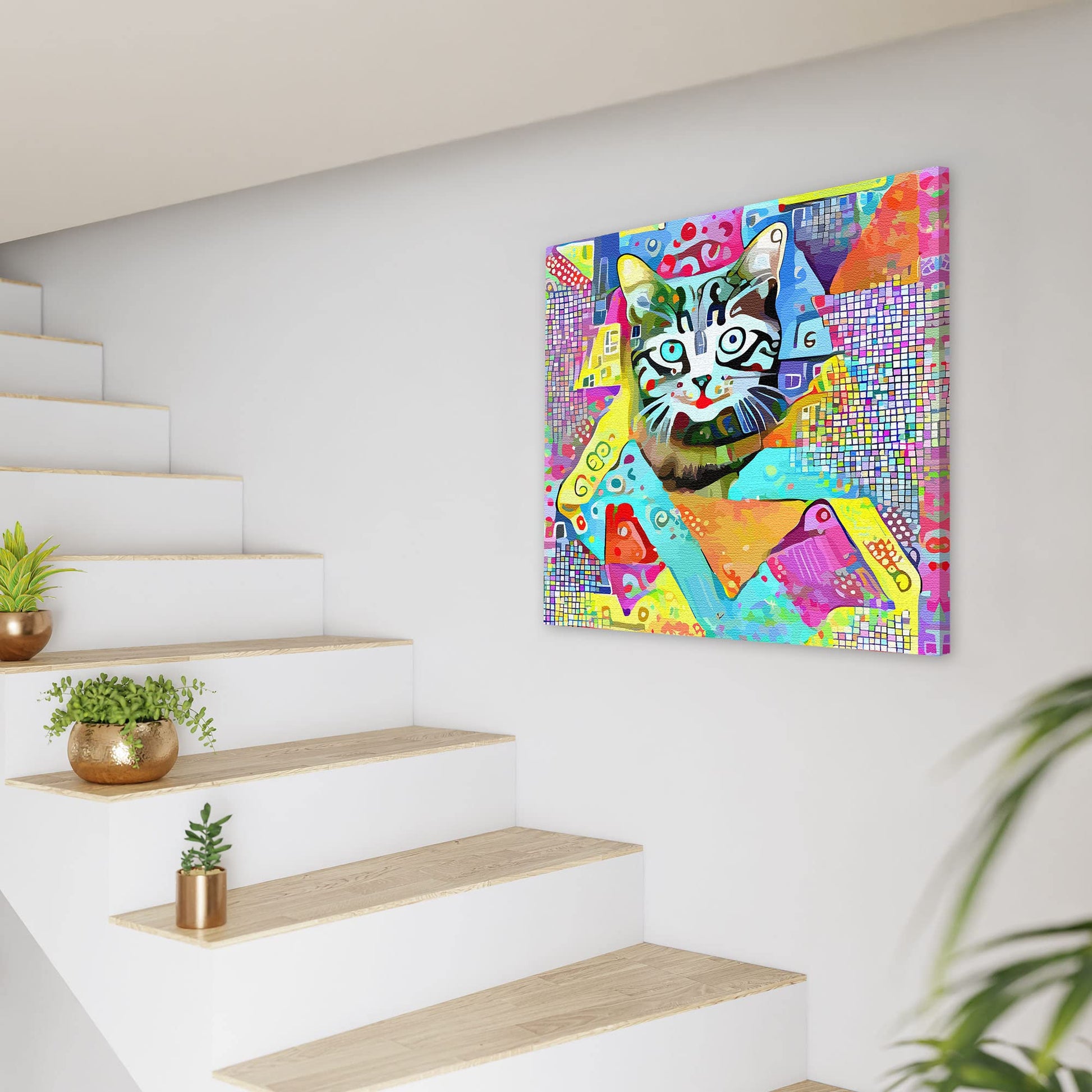Colorful geometric cat wall art with bright patterns and playful shapes on vibrant multicolor canvas above modern staircase