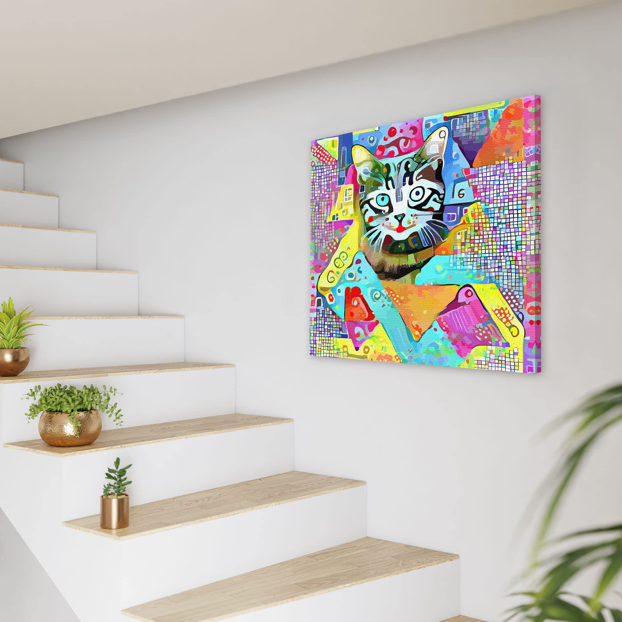 Colorful geometric cat wall art with bright patterns and playful shapes on vibrant multicolor canvas above modern staircase