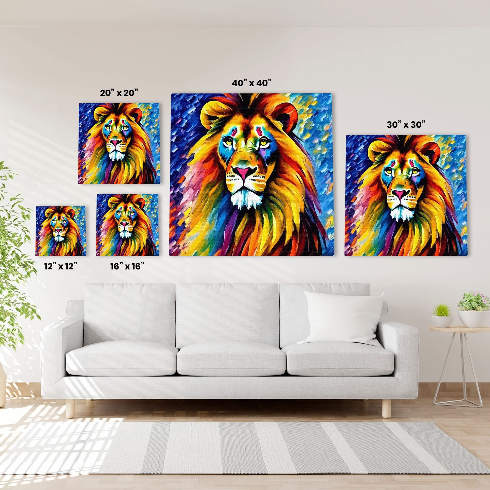 Colorful wise old lion artwork in multiple sizes displayed on white wall above sofa in bright modern living room
