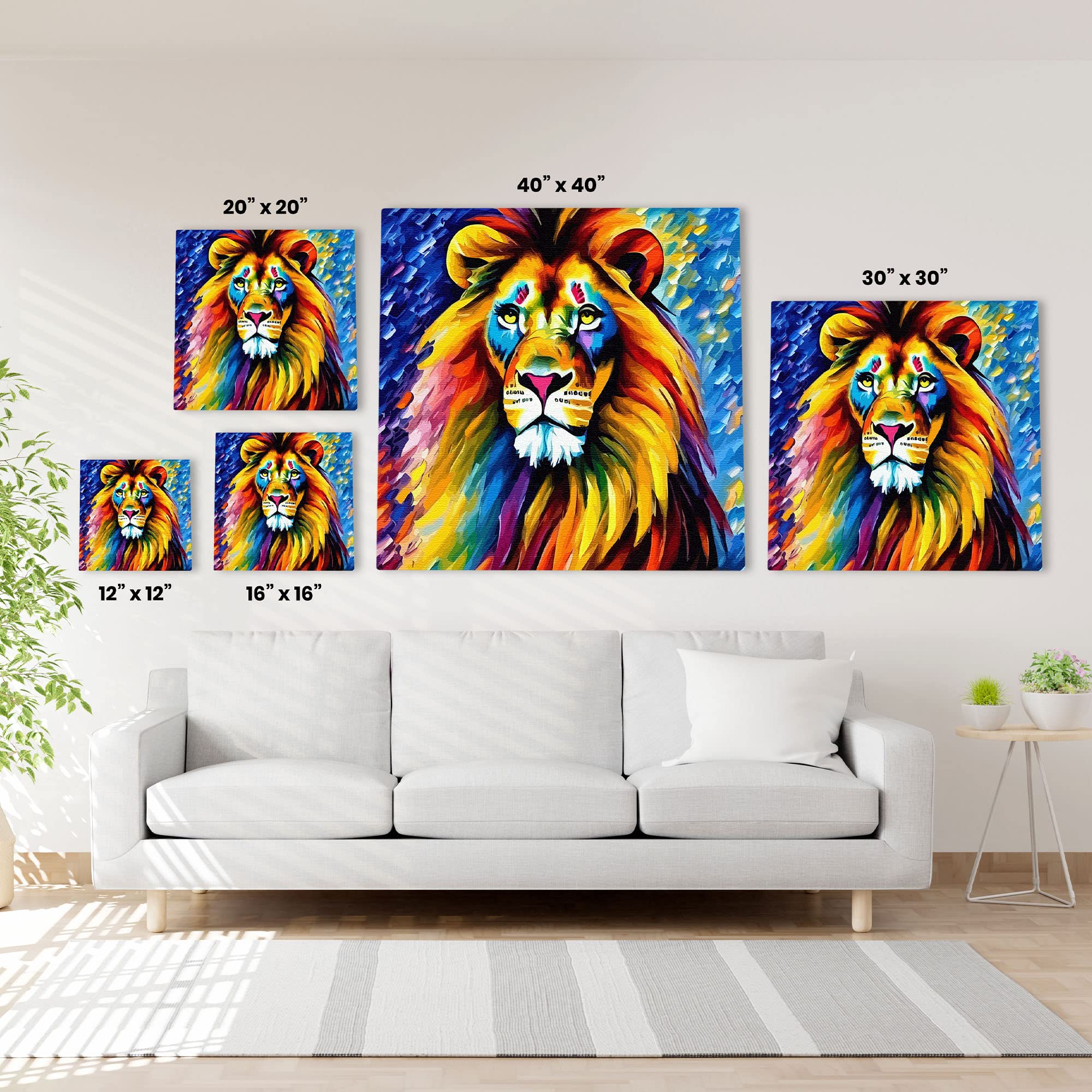 Colorful wise old lion artwork in multiple sizes displayed on white wall above sofa in bright modern living room