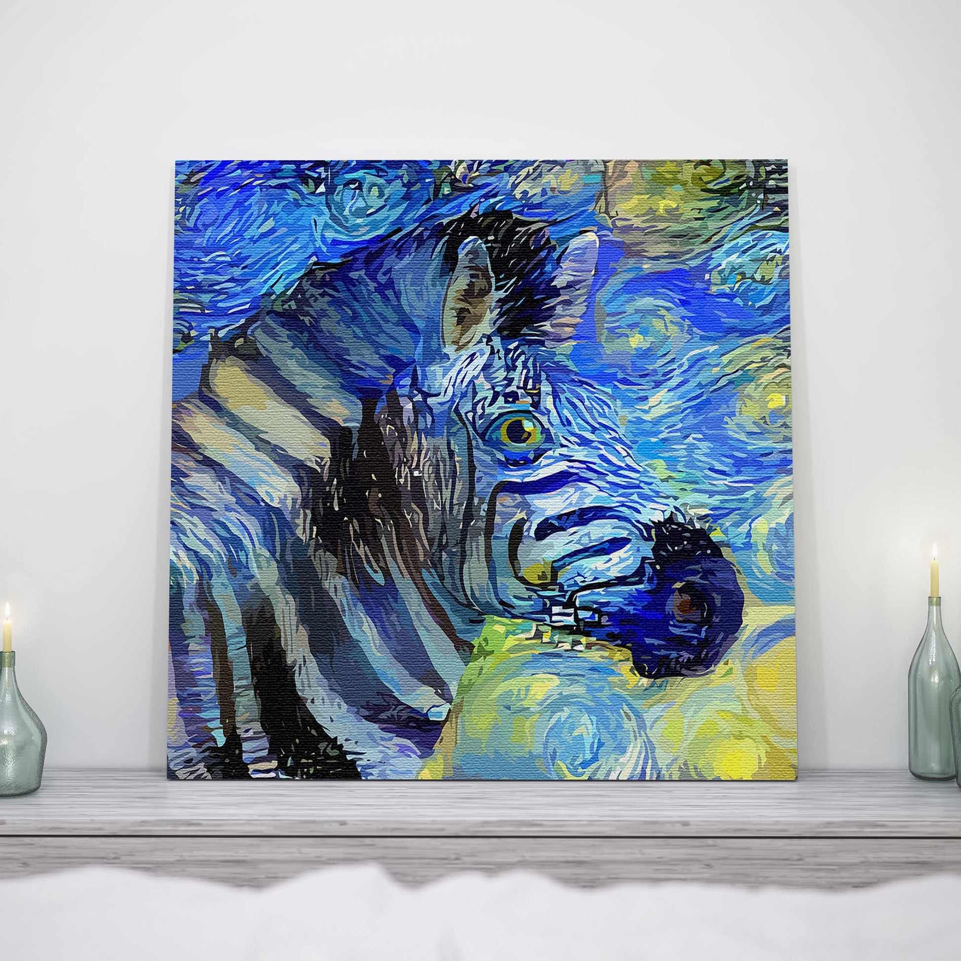Abstract zebra portrait with swirling blue and yellow starry night style background printed on square canvas displayed on mantel
