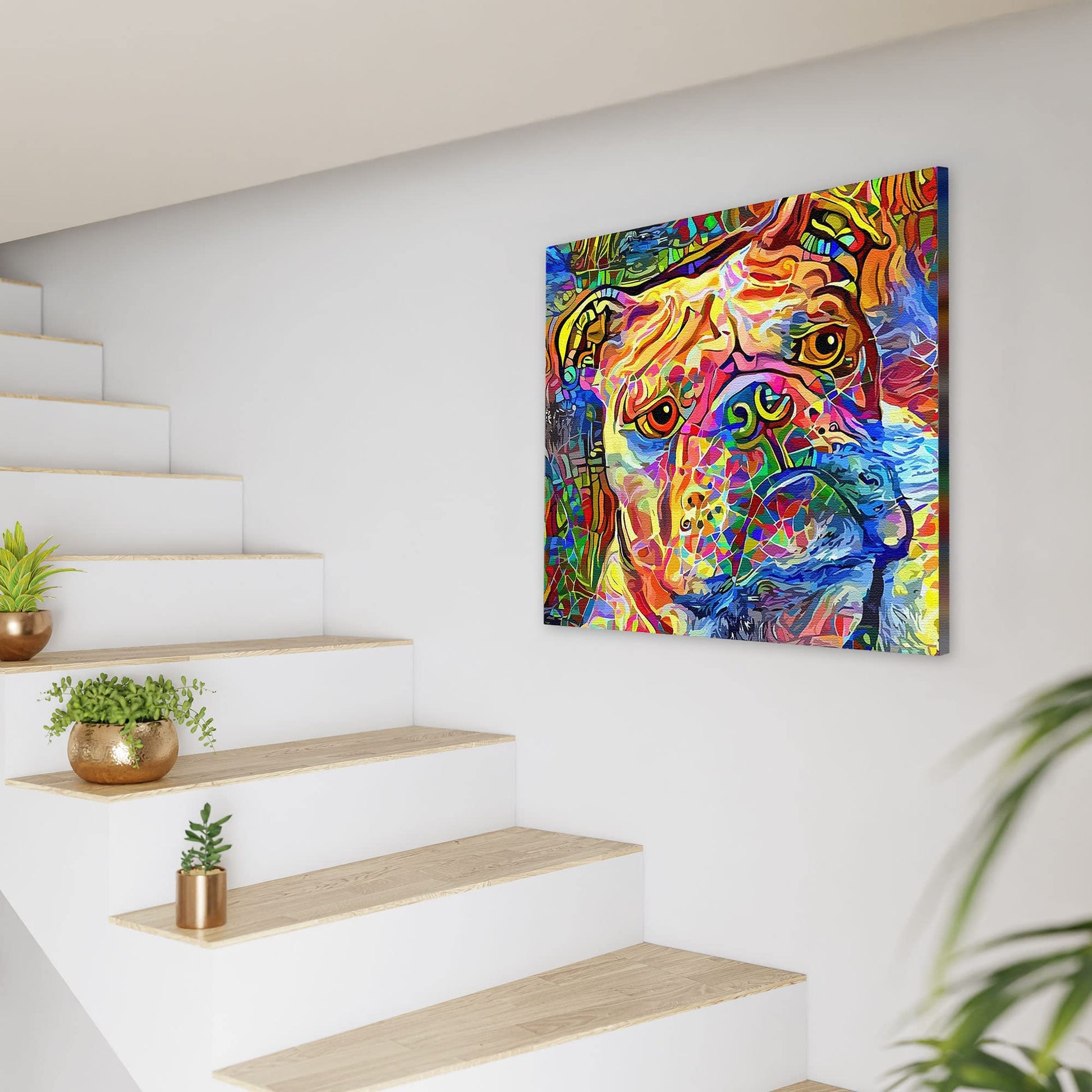 Vibrant abstract English Bulldog art with bold multicolor brush strokes on square canvas hanging on white wall near modern staircase