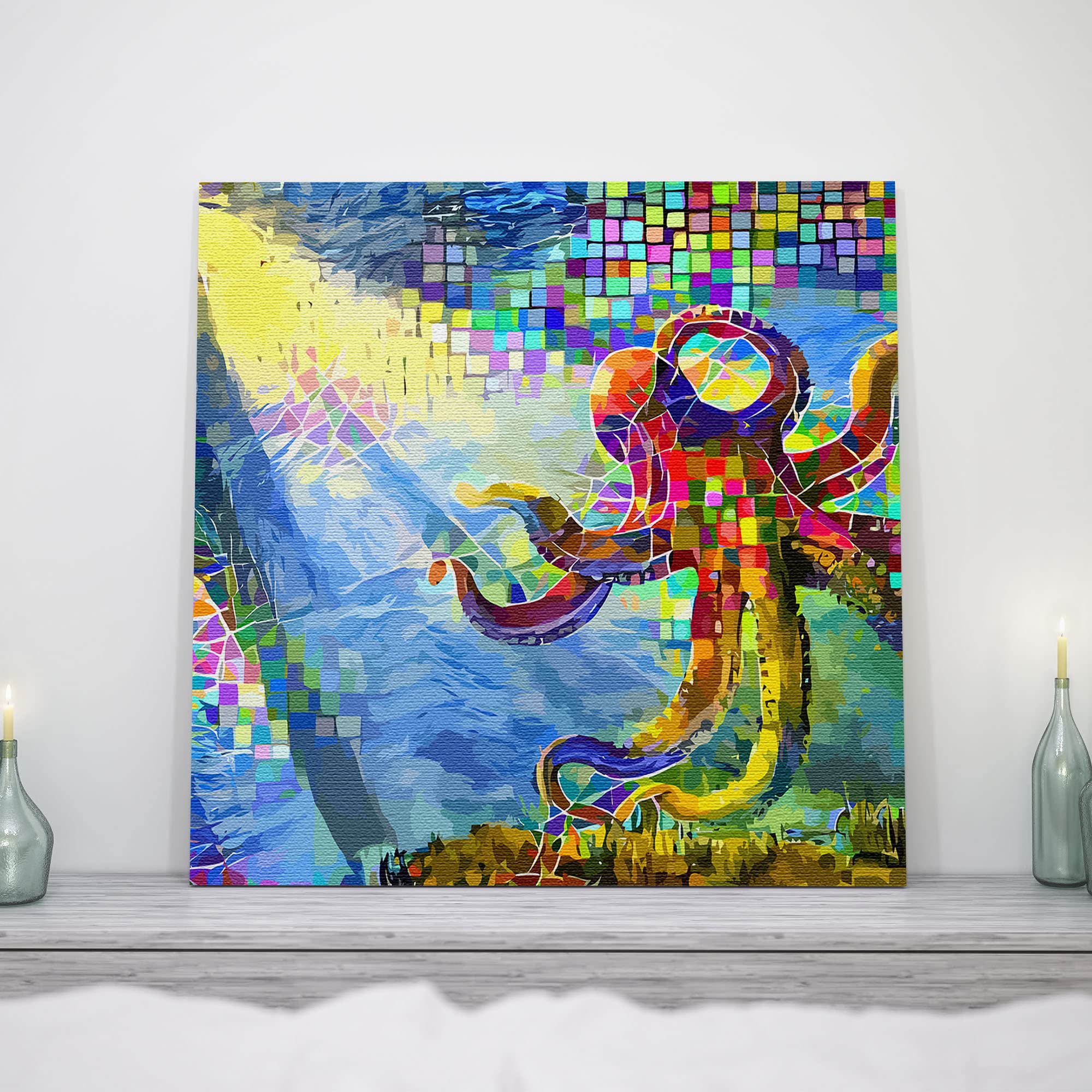 Abstract underwater octopus with vibrant geometric patterns on square canvas displayed on mantel in modern room setting