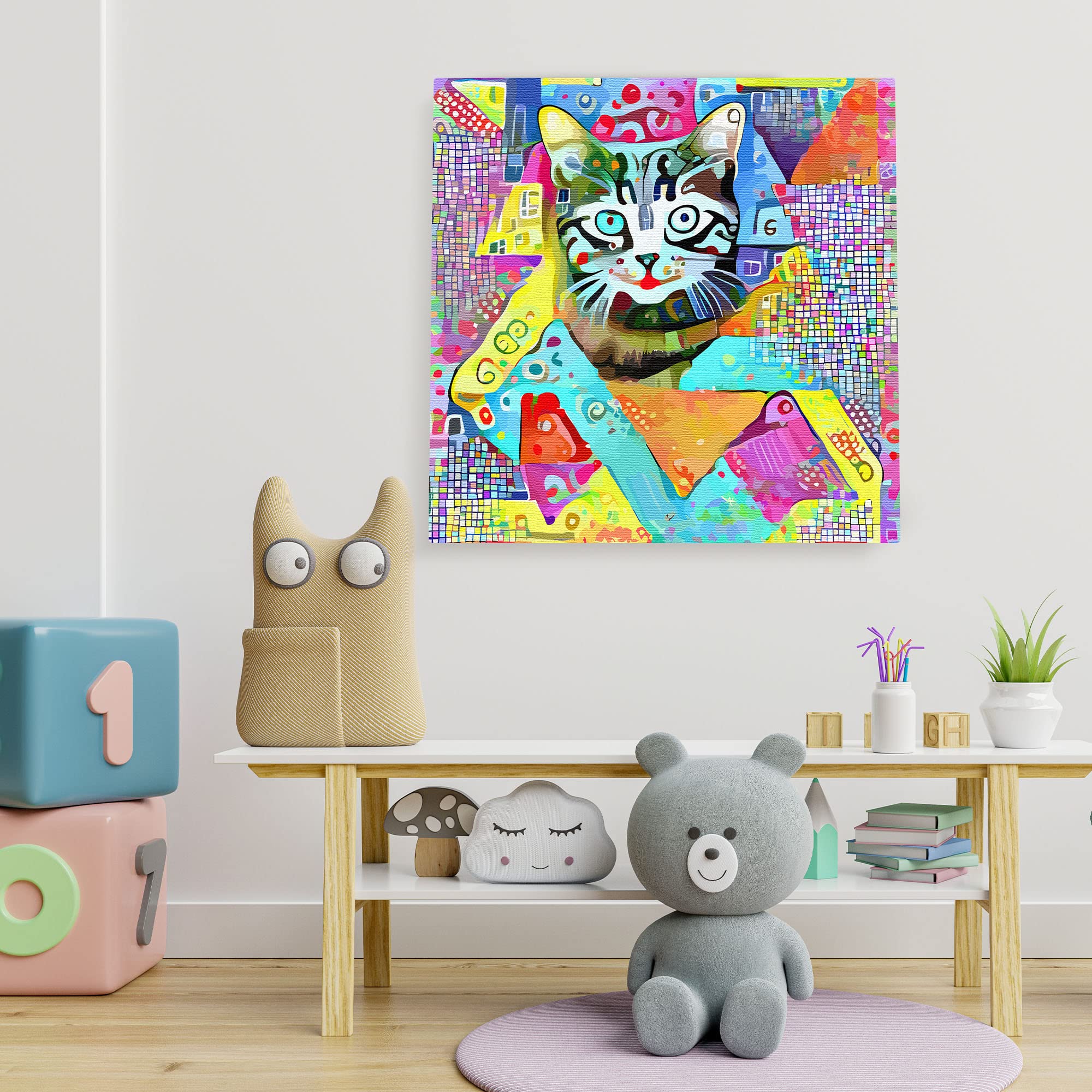 Colorful geometric cat wall art with bold shapes and vibrant patterns on bright multicolor canvas in modern kids playroom