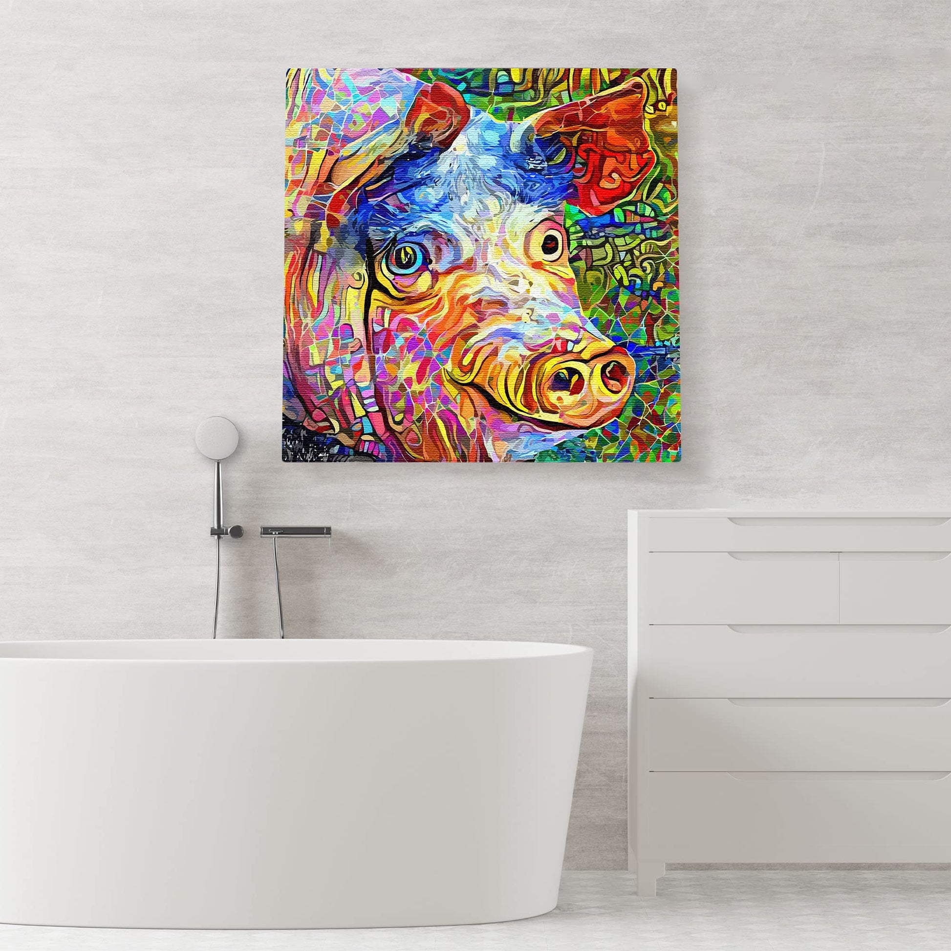 Funny abstract pig with vibrant geometric and intricate digital patterns on colorful square canvas wall art above modern bathtub