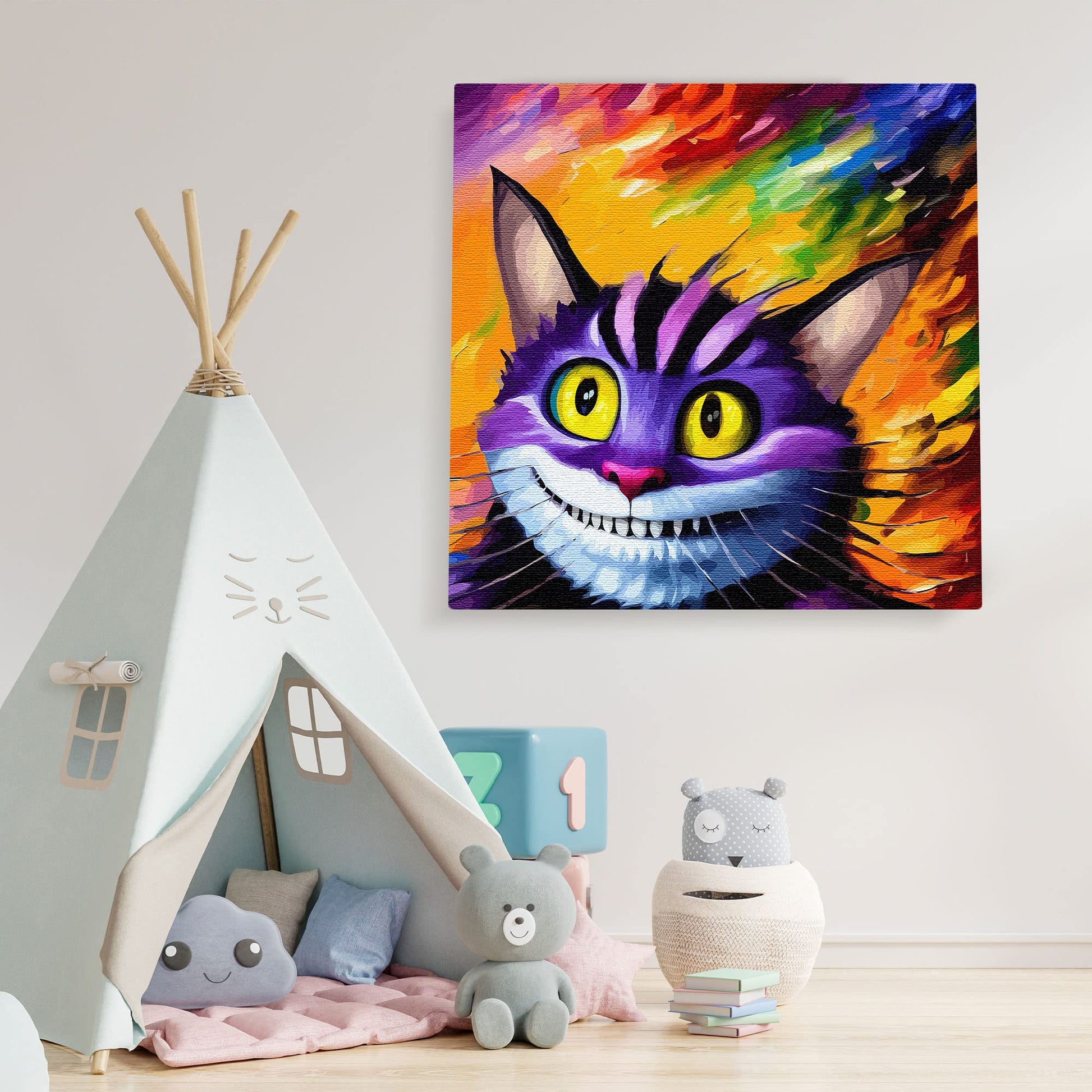 Colorful purple Cheshire cat wall art with bright yellow eyes and bold abstract swirls on vibrant multicolor canvas above kids playroom