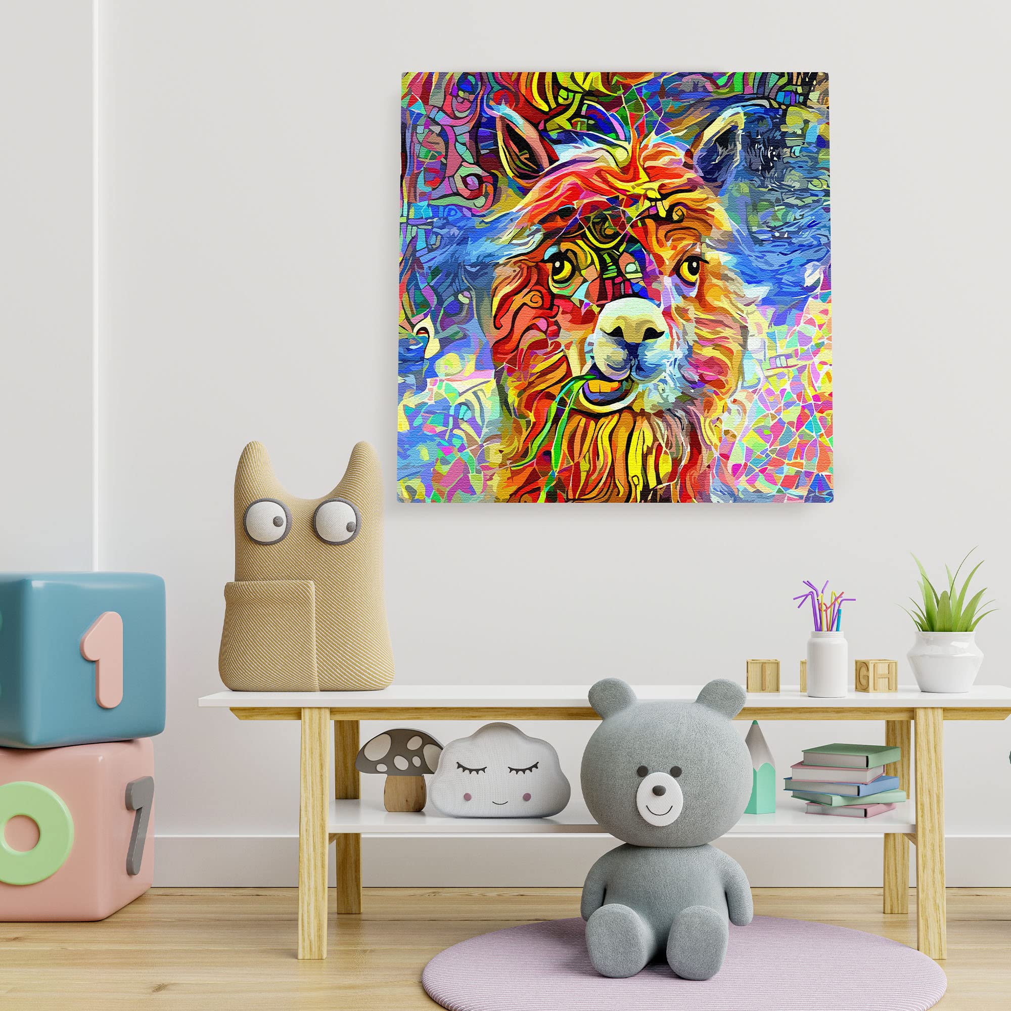 Colorful geometric alpaca wall art with vibrant reds, blues, yellows, and greens in abstract mosaic patterns