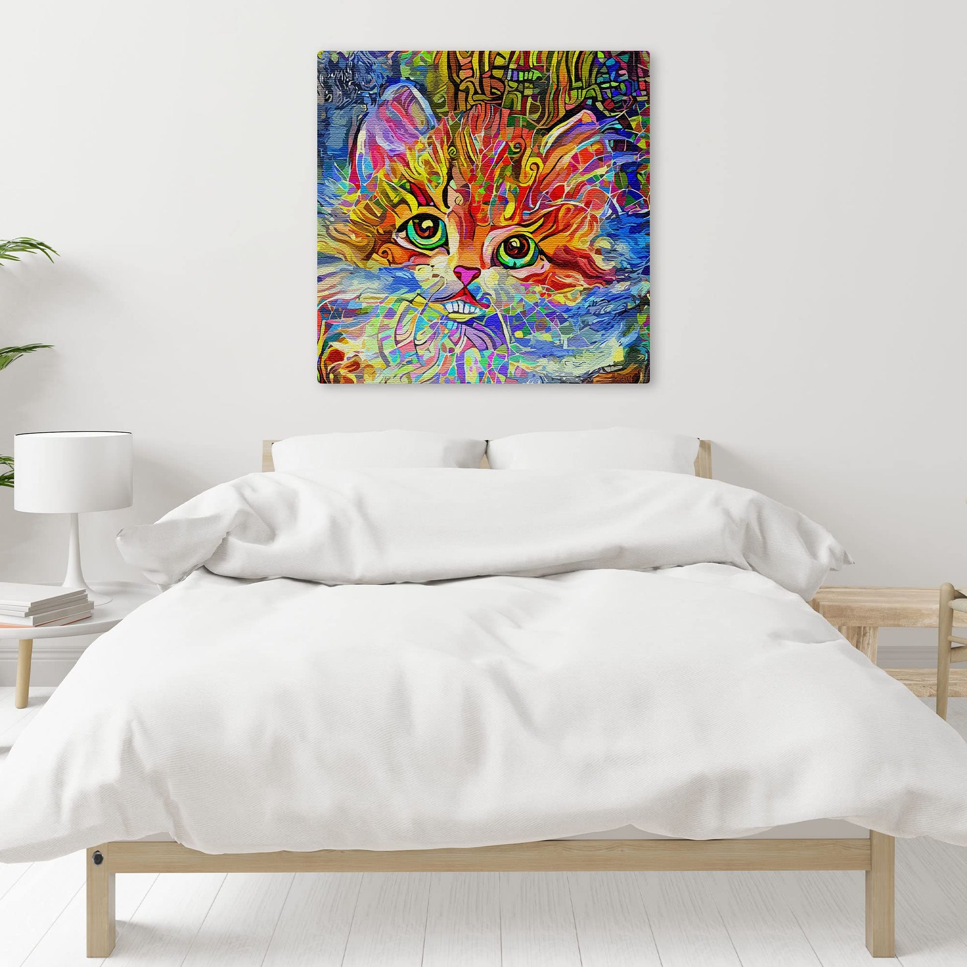 Vibrant colorful cat wall art with bold abstract patterns and large expressive green eyes on square canvas above bed