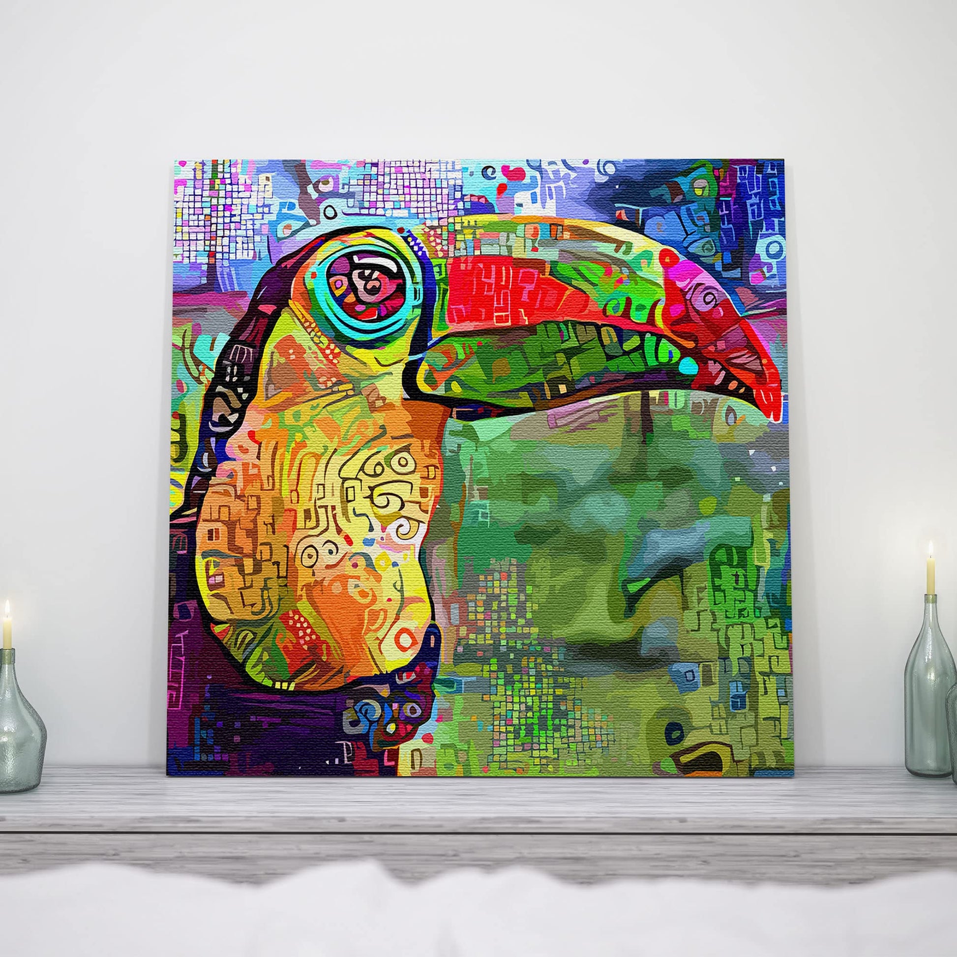 Colorful abstract toucan with intricate geometric patterns on vibrant multicolor background printed on square canvas above mantelpiece