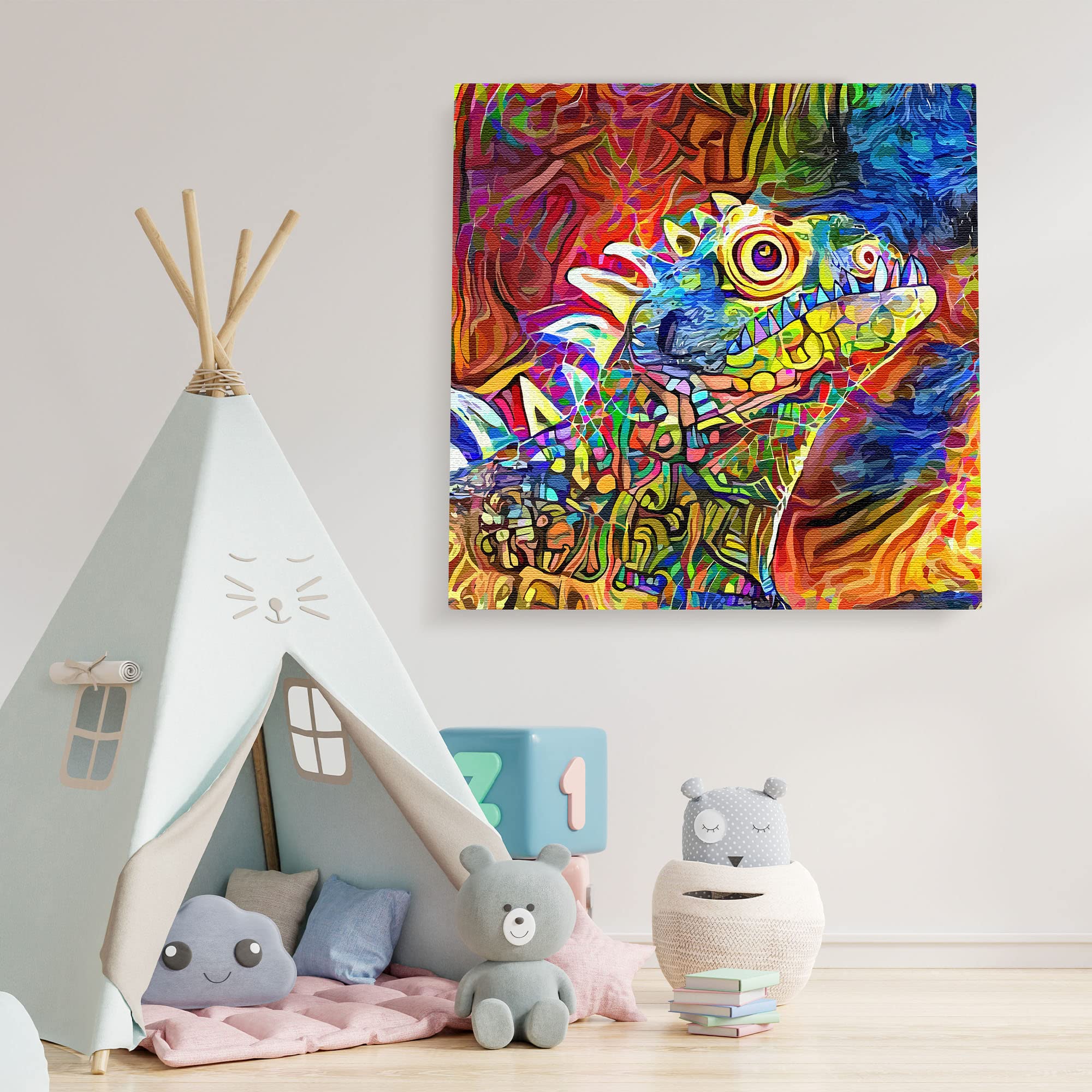 Colorful iguana wall art print with vibrant abstract geometric patterns on textured canvas in playful children's room setting