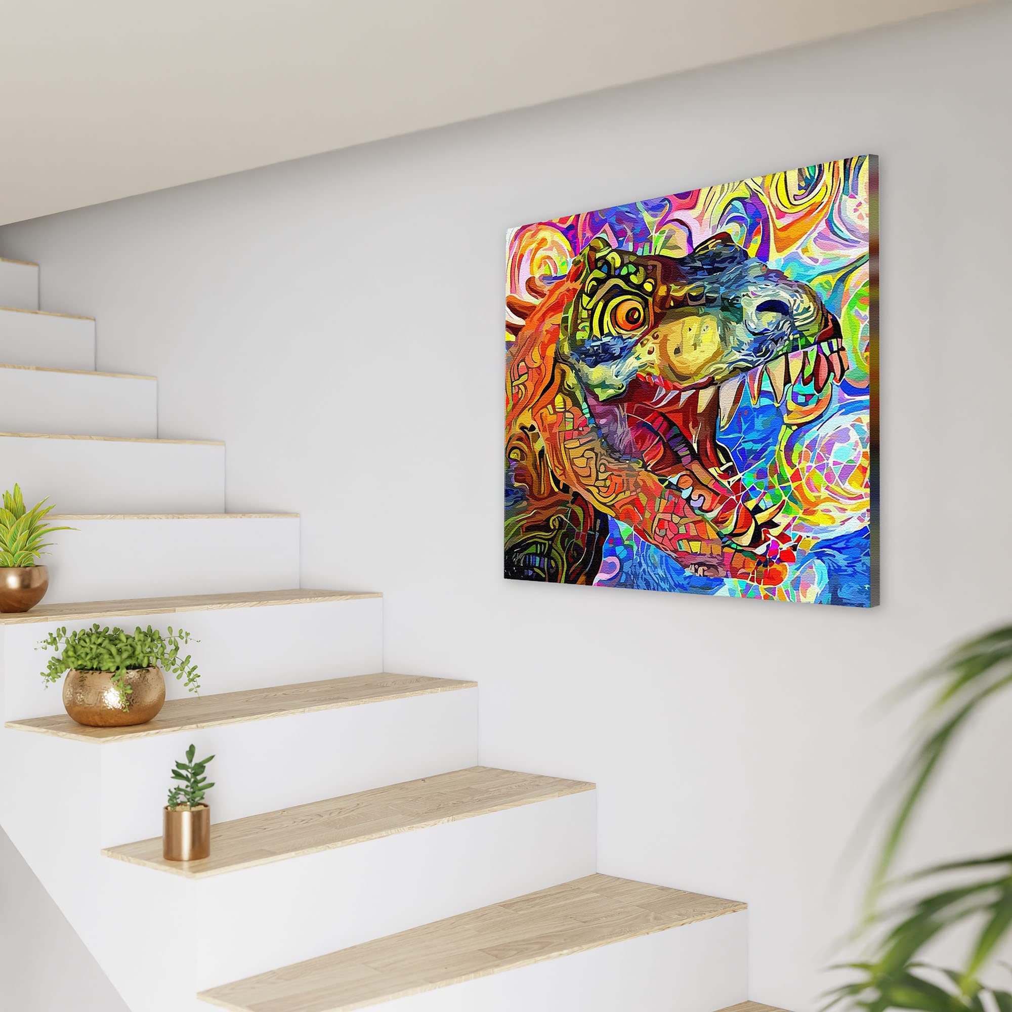 Bright colorful geometric mosaic T-Rex dinosaur wall art with bold abstract patterns on square canvas hung by staircase