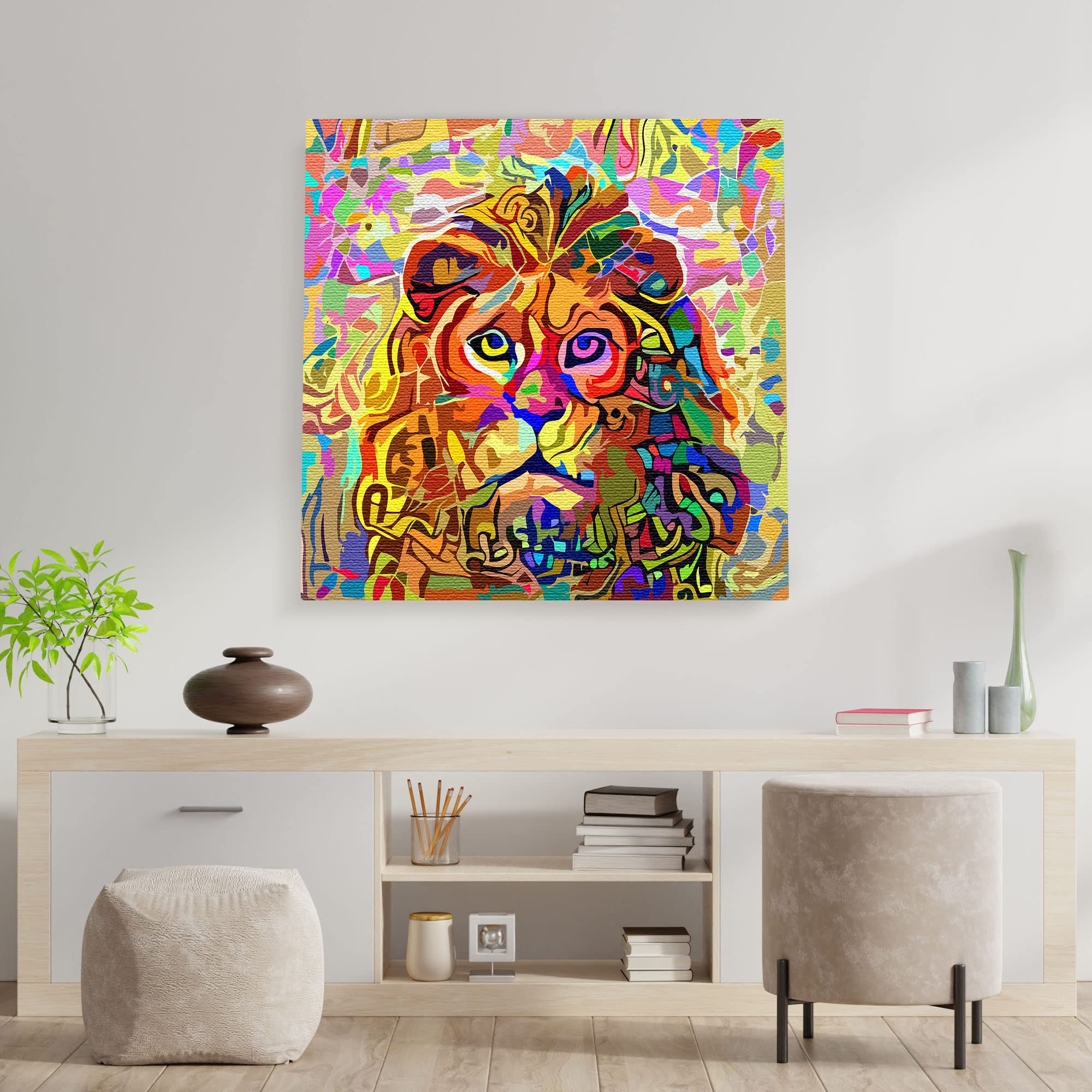 Colorful peaceful serene lion artwork on square canvas displayed on white wall above wooden console with decor in bright room