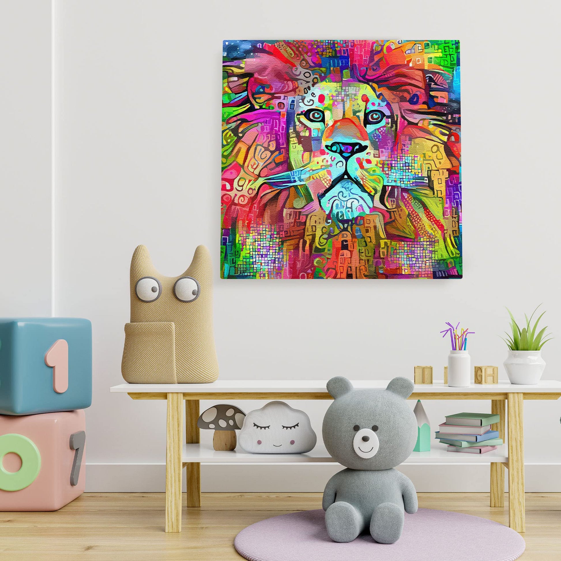 Colorful abstract lion artwork on square canvas displayed on white kids room wall above toys and wooden bench