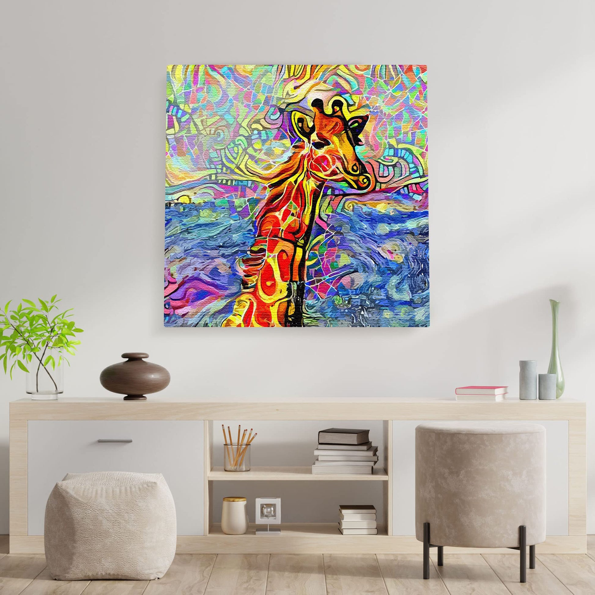 Abstract giraffe canvas wall art with vibrant colorful geometric patterns and swirling shapes in modern minimalist living room decor setting