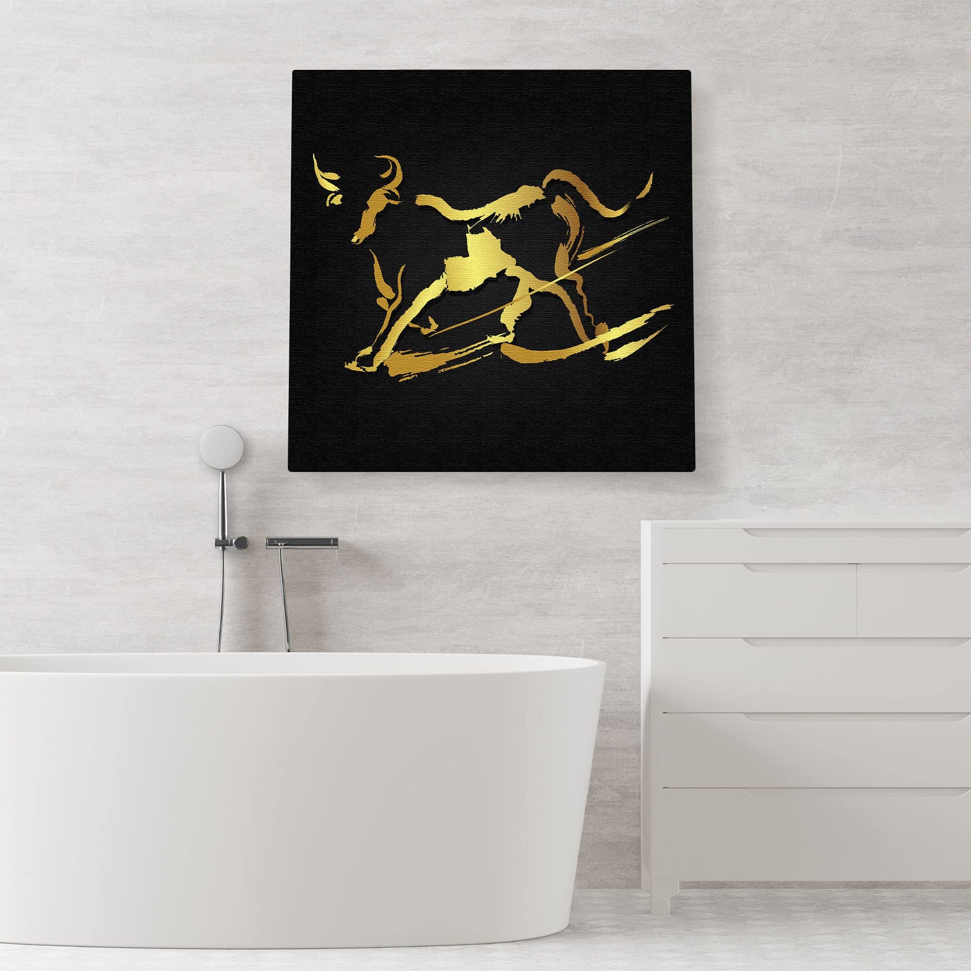 Abstract black and gold bull wall art with dynamic brushstroke design on square canvas above modern bathroom bathtub