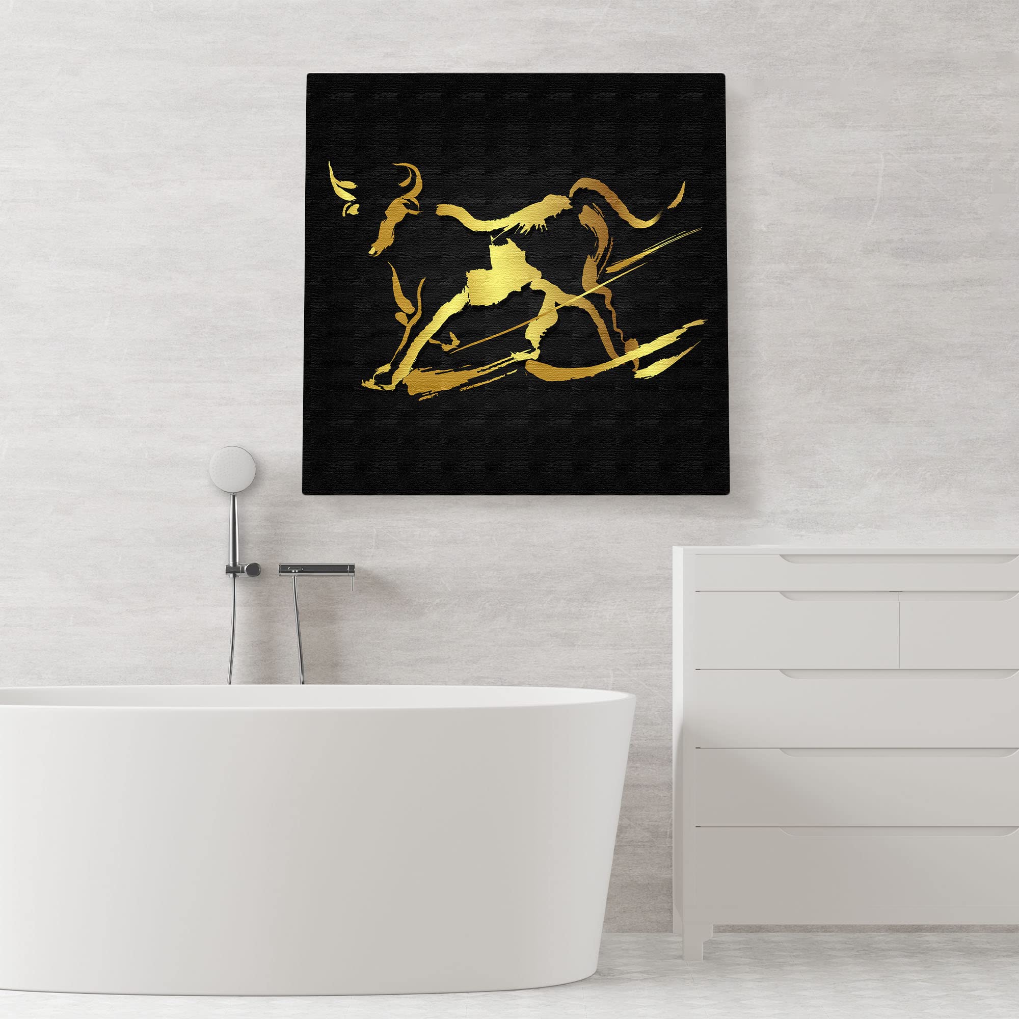 Abstract black and gold bull wall art with dynamic brushstroke design on square canvas above modern bathroom bathtub