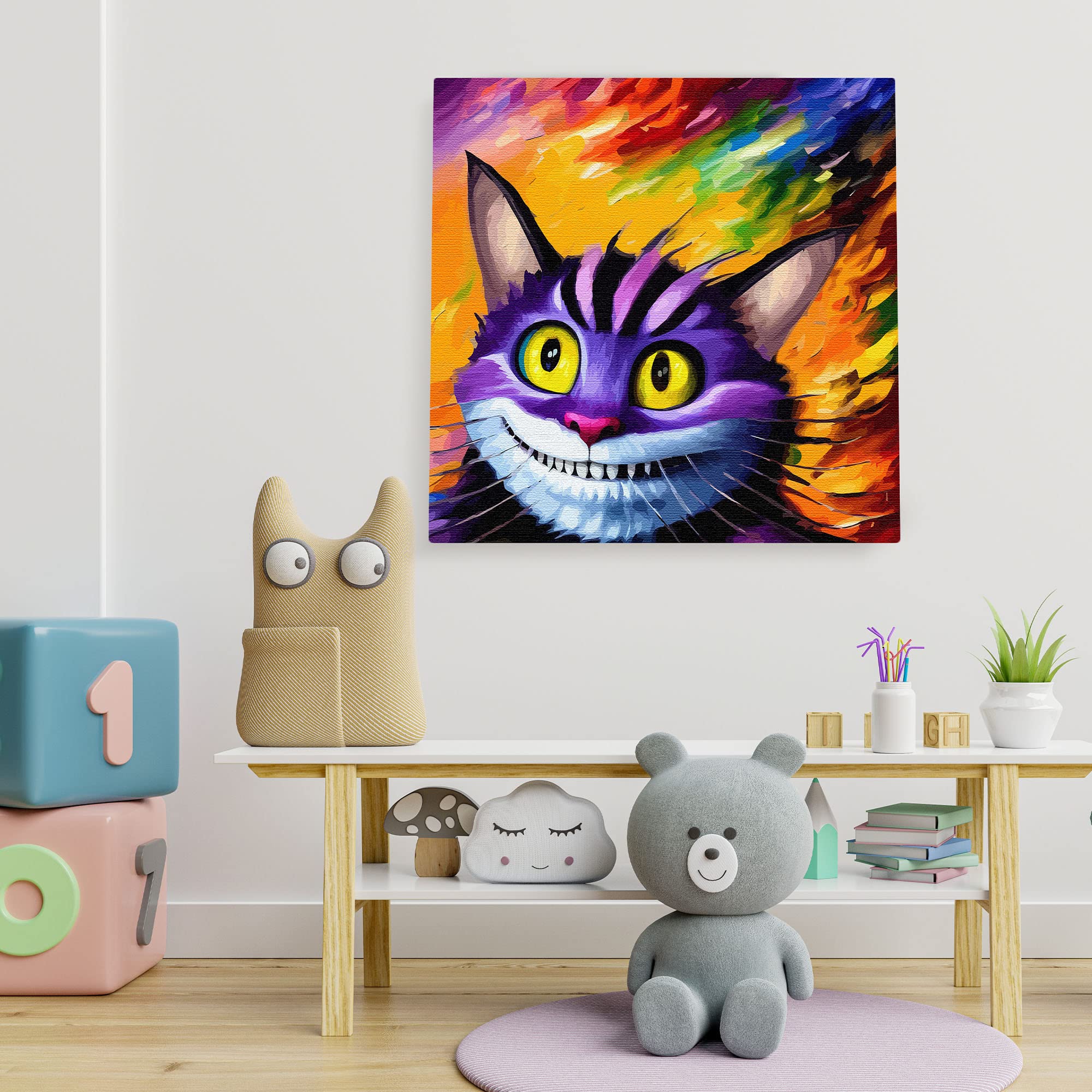 Vibrant purple Cheshire cat wall art with bright yellow eyes and wide grin on colorful abstract background above children's playroom bench
