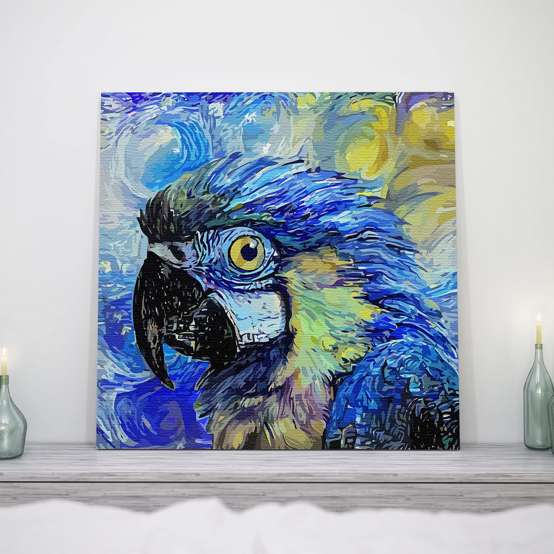 Blue macaw parrot with vibrant textured swirling brush strokes on square canvas wall art on mantel display