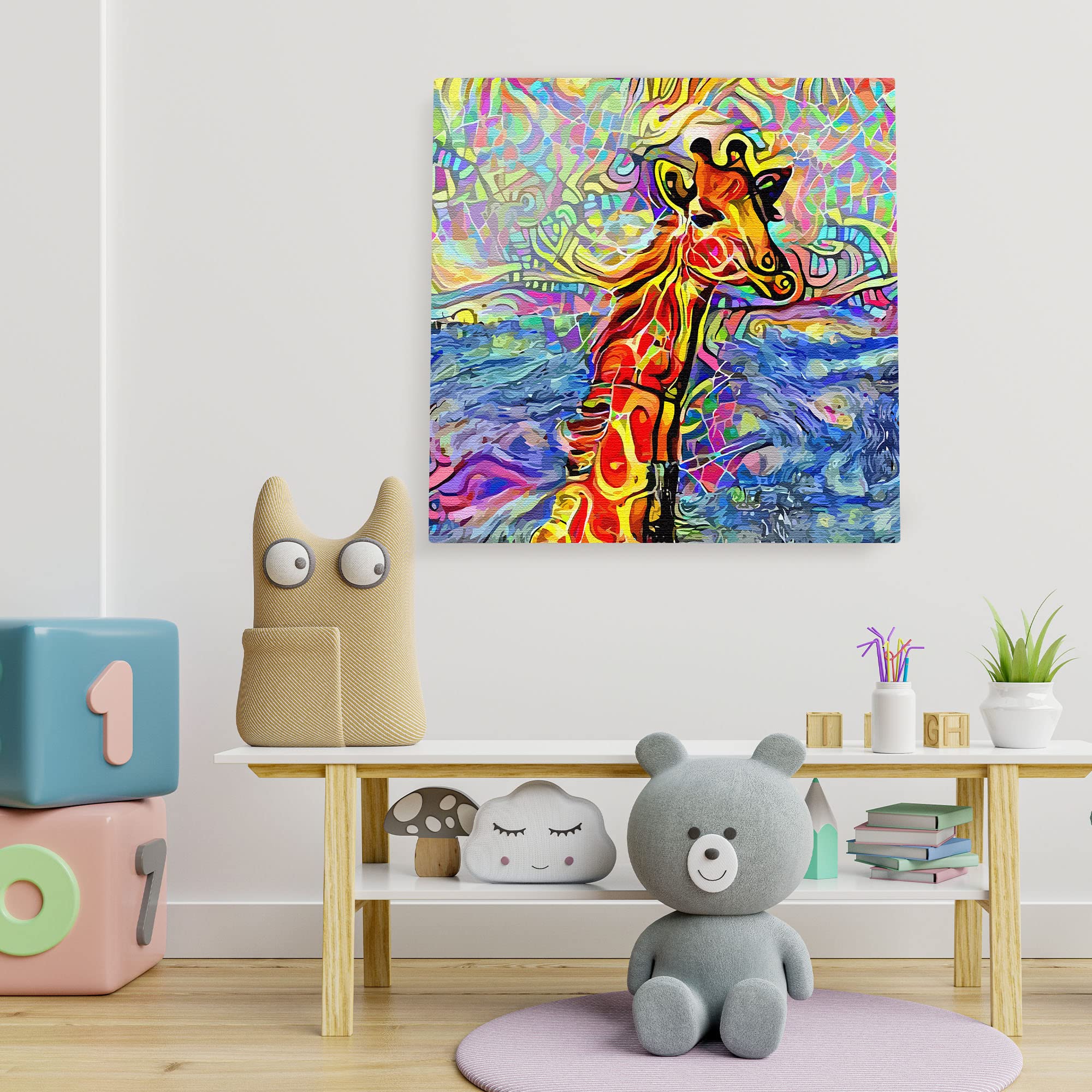 Abstract giraffe canvas wall art with vibrant swirling colorful patterns in modern minimalist kids playroom decor setting