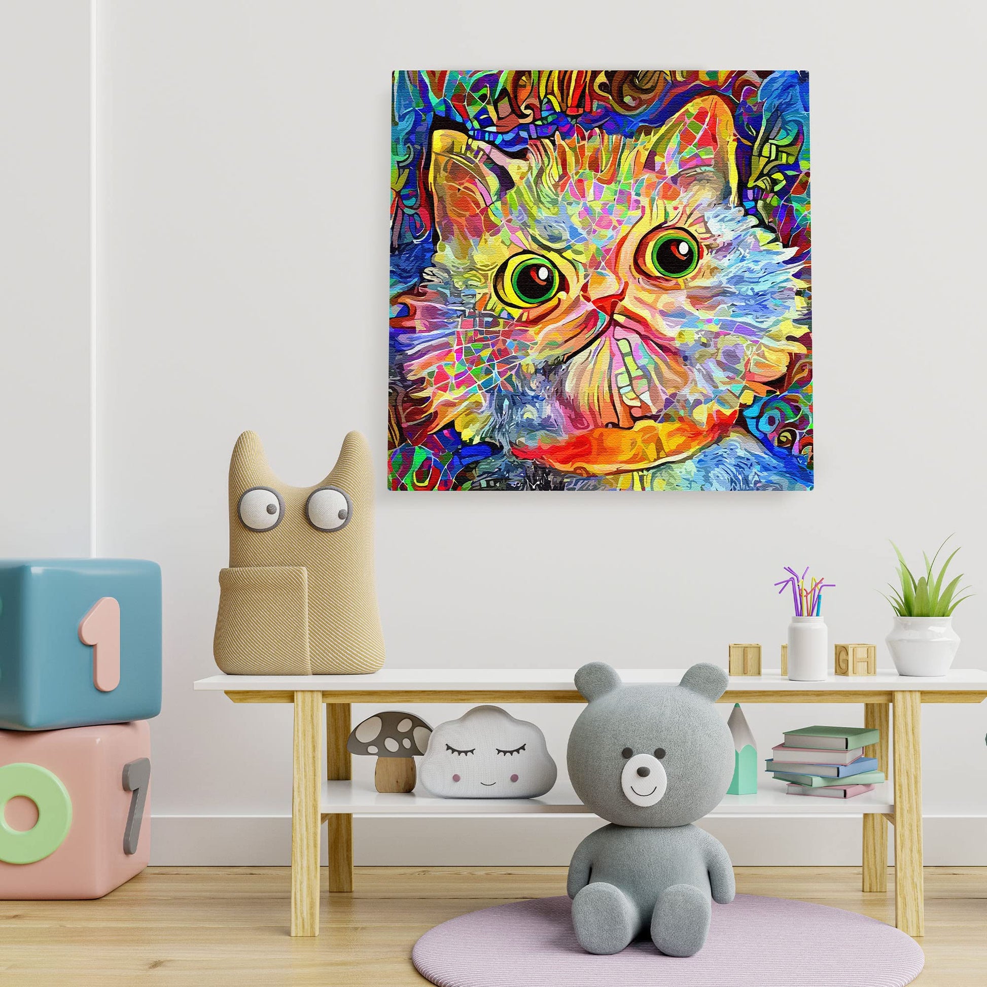 Colorful funny cat wall art with vibrant abstract patterns on square canvas displayed in playful kids room setting