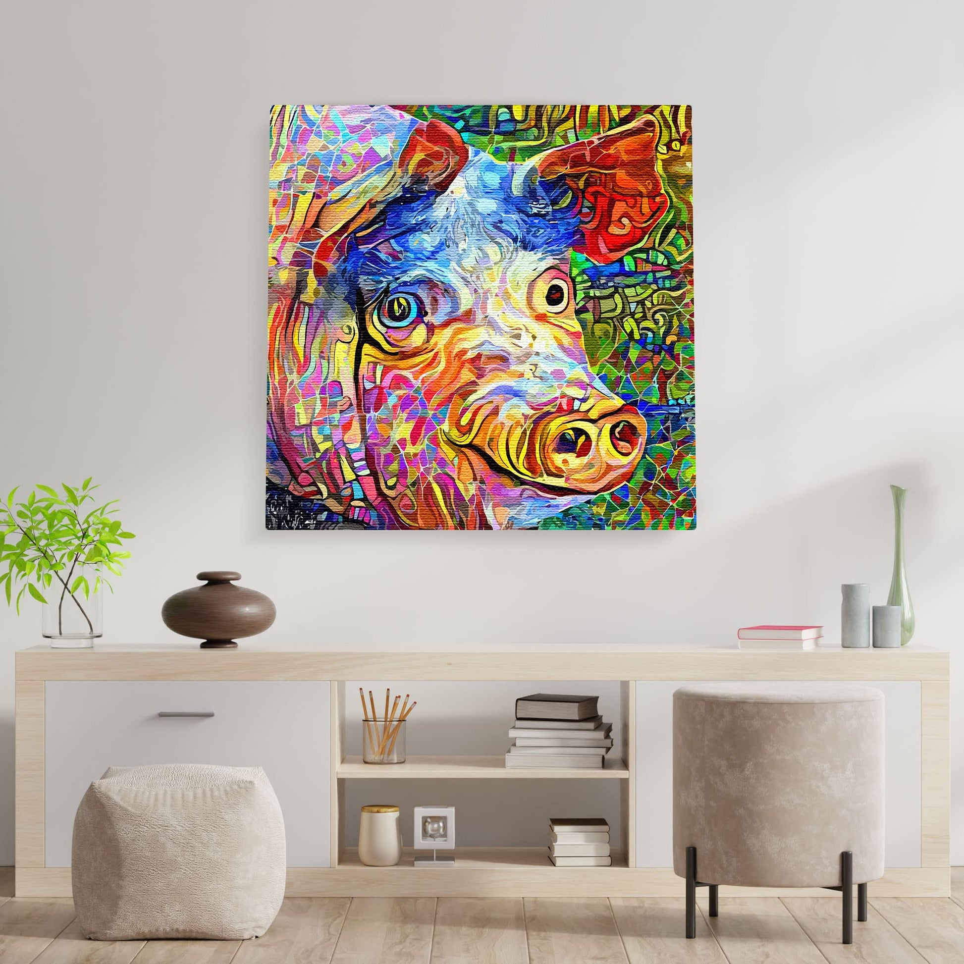 Funny abstract pig with vibrant colorful geometric and swirling digital patterns on square canvas wall art above modern console table