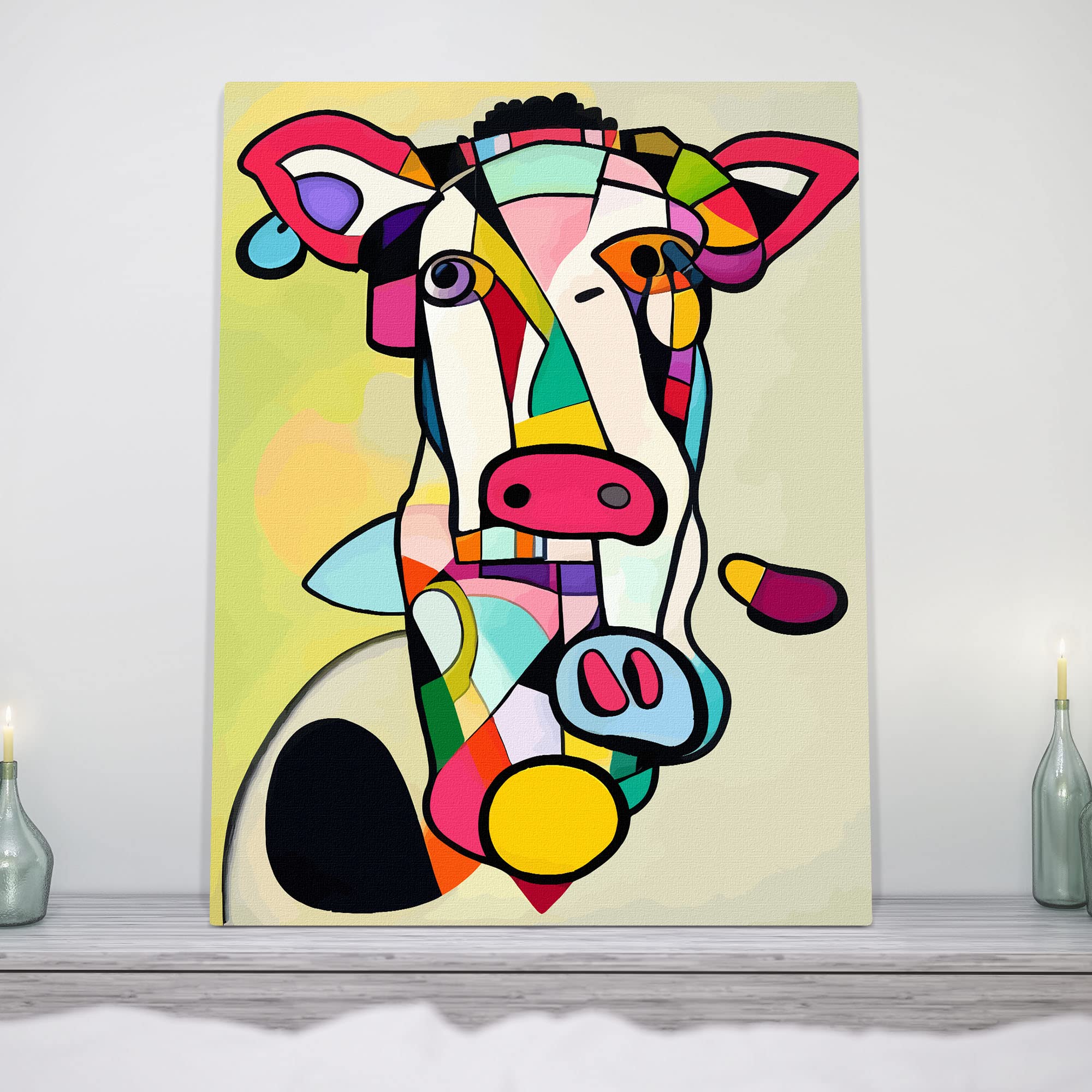 Abstract cow art canvas with vibrant geometric shapes and bold colors displayed on light wall above wooden surface with candles