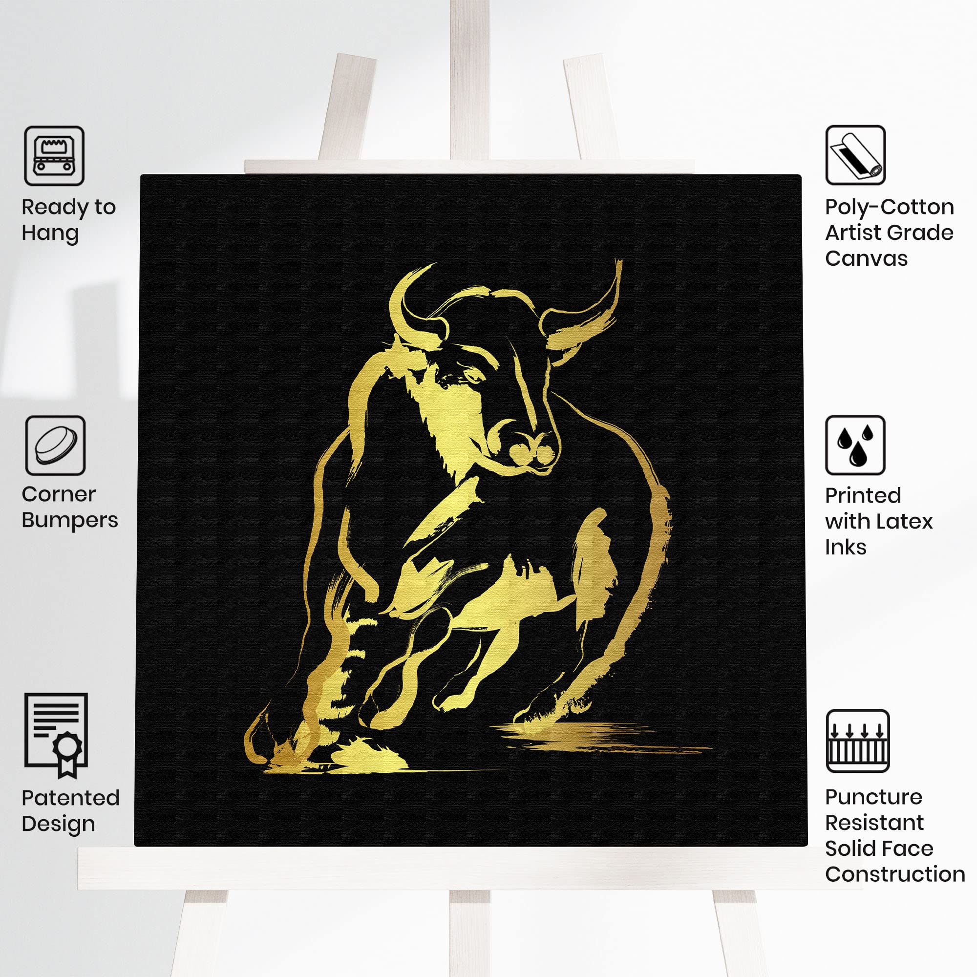 Abstract black and gold bull art with bold brushstroke design on square canvas displayed on white background with feature icons