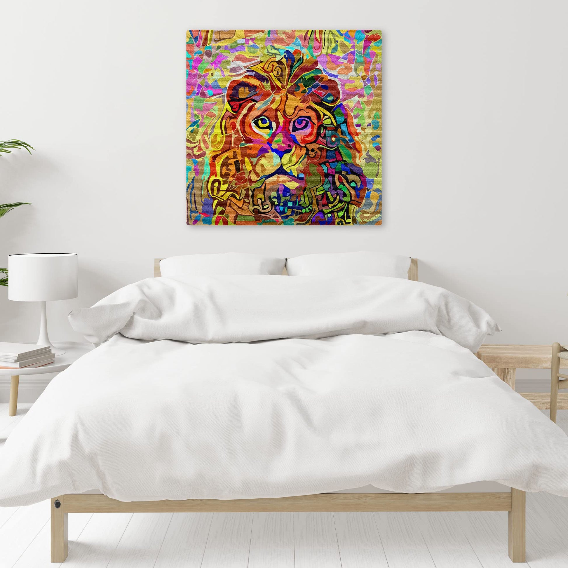 Colorful peaceful serene lion artwork on square canvas displayed on white wall above bed in minimalist bedroom