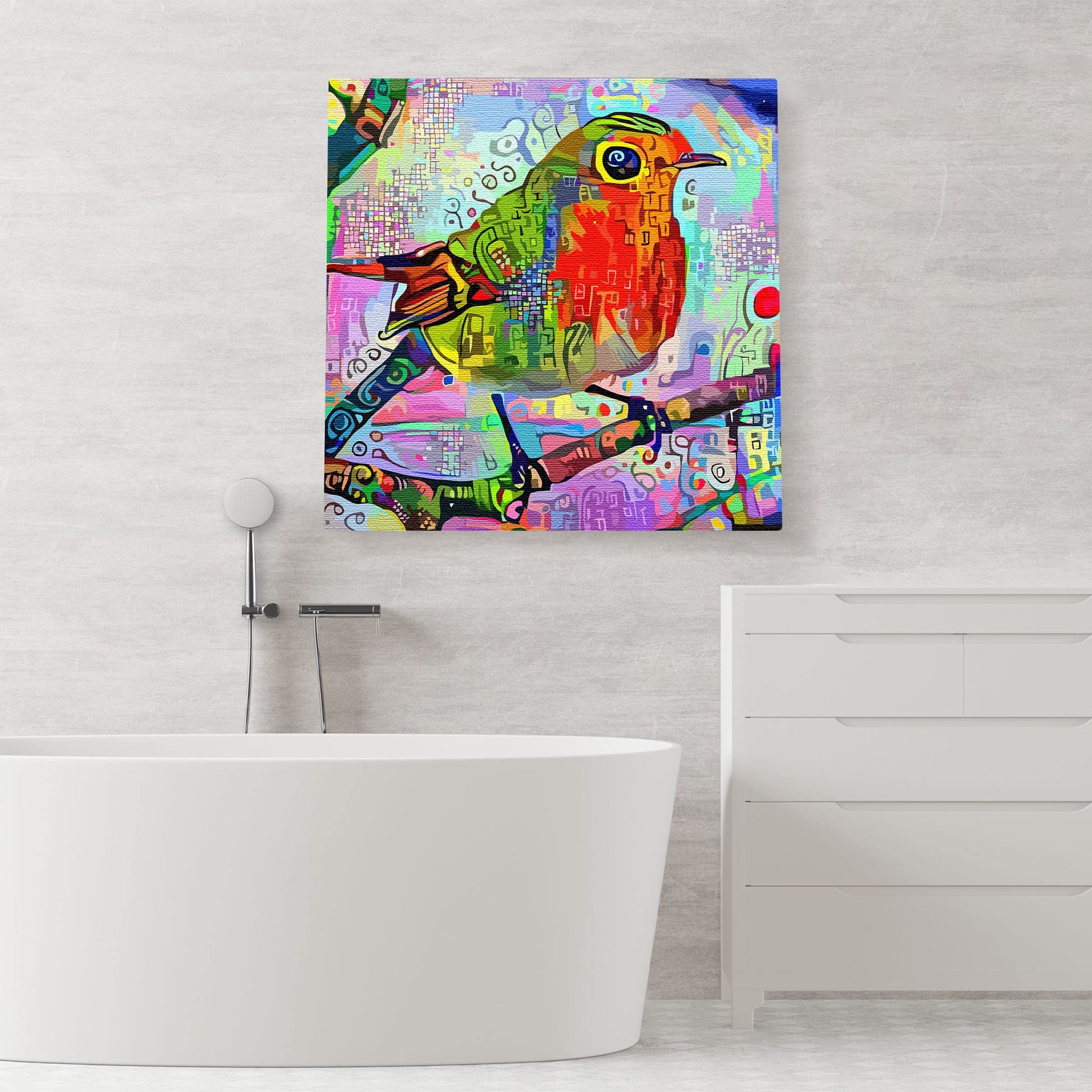 Abstract red robin with vibrant colorful geometric and swirling patterns on square canvas wall art above modern white bathtub