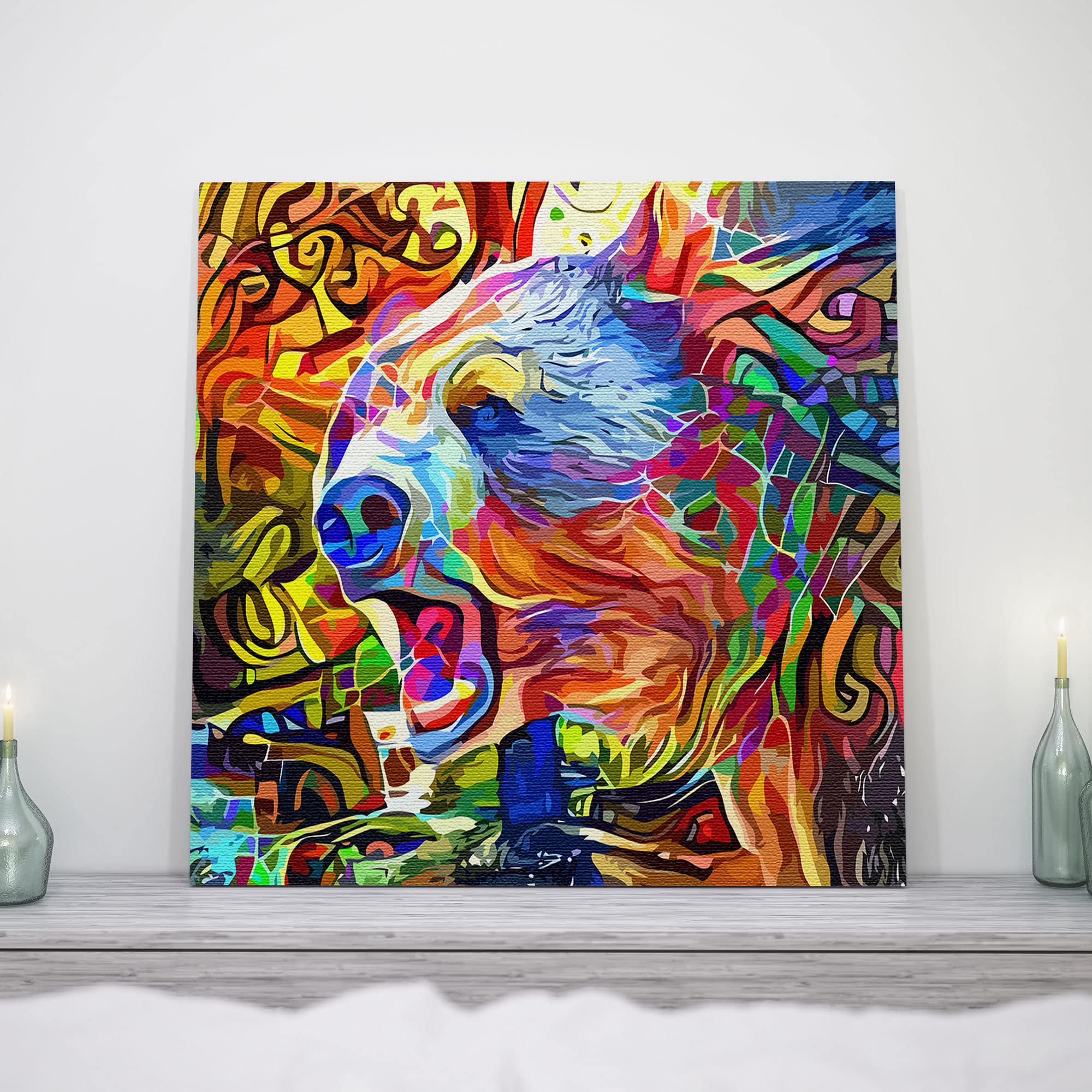Colorful abstract grizzly brown bear artwork with vibrant reds, blues, yellows, and greens in geometric and swirling mosaic patterns