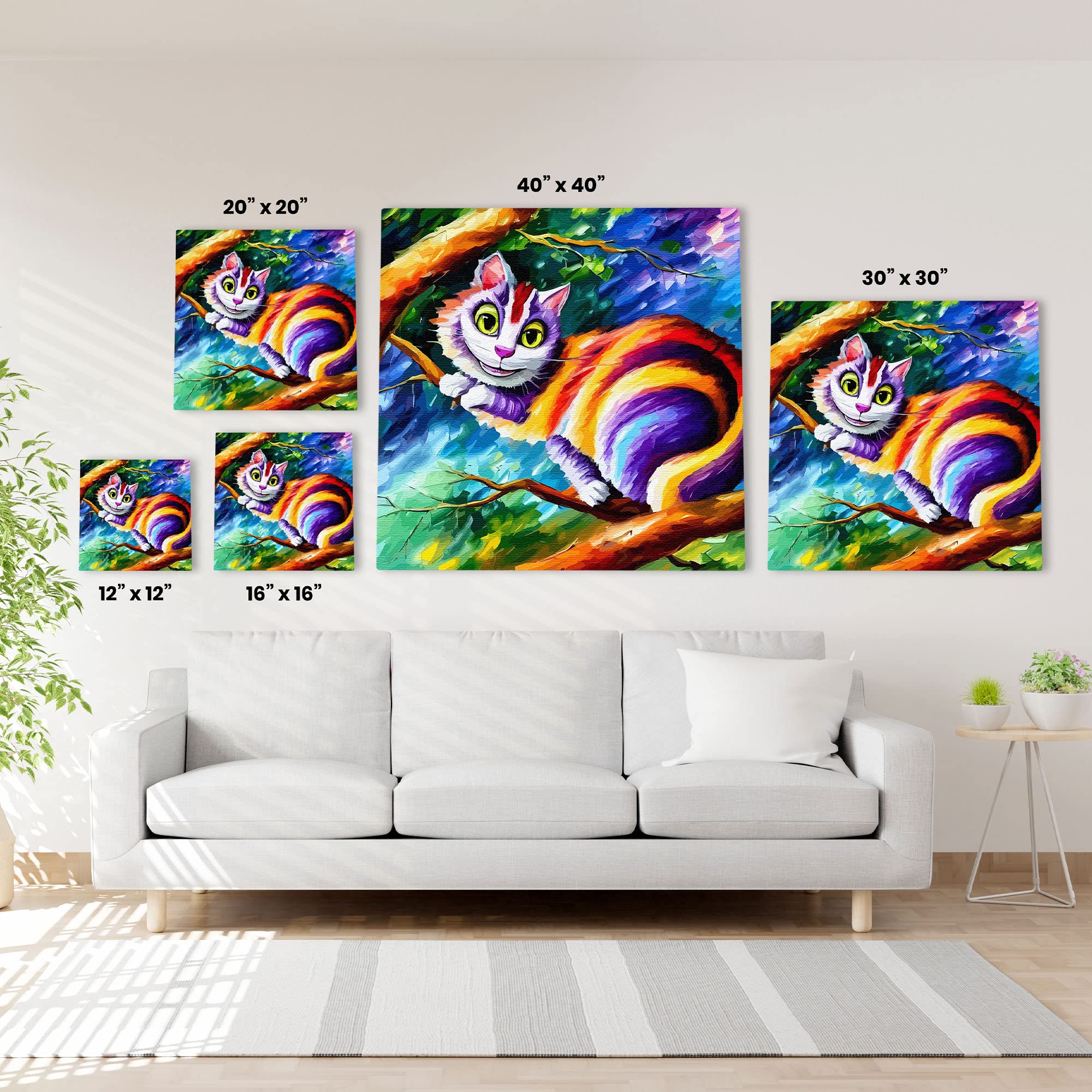 Colorful Cheshire cat wall art with bright purple, orange, and yellow stripes perched on tree branch against vibrant blue and green background