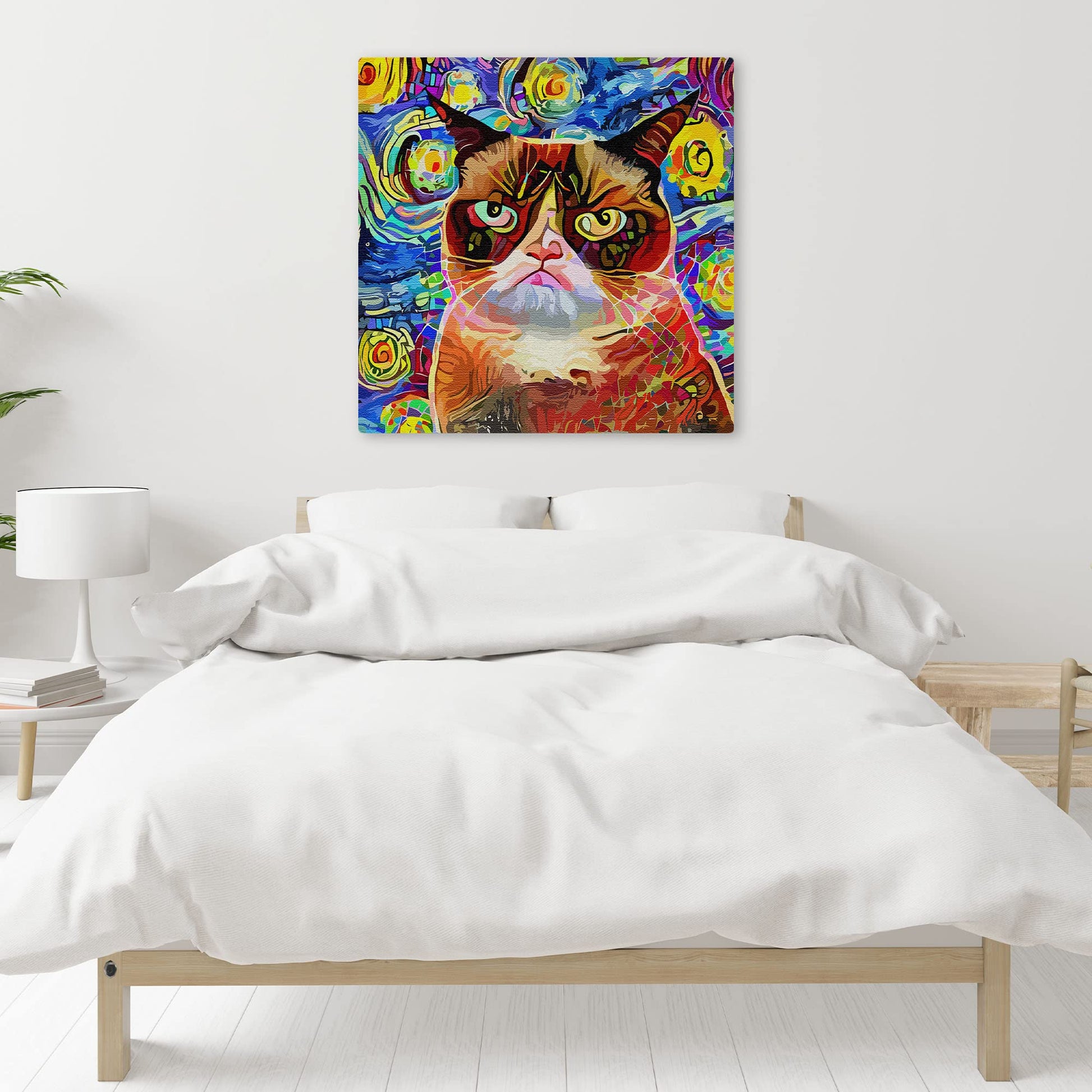 Abstract cat wall art featuring a grumpy cat with rich brown and cream tones against a vibrant swirling blue and yellow starry background