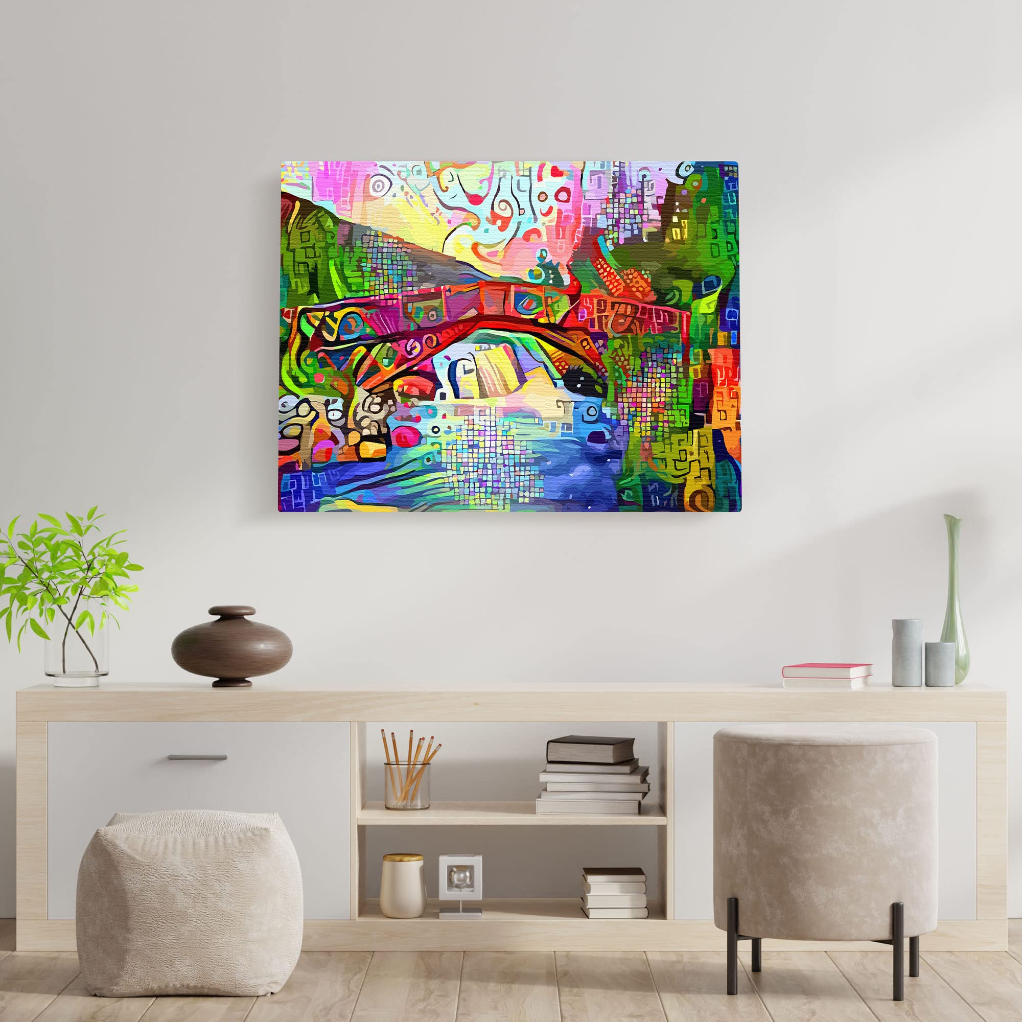 Colorful abstract bridge landscape artwork with vibrant greens, blues, reds, and yellows in geometric and mosaic patterns