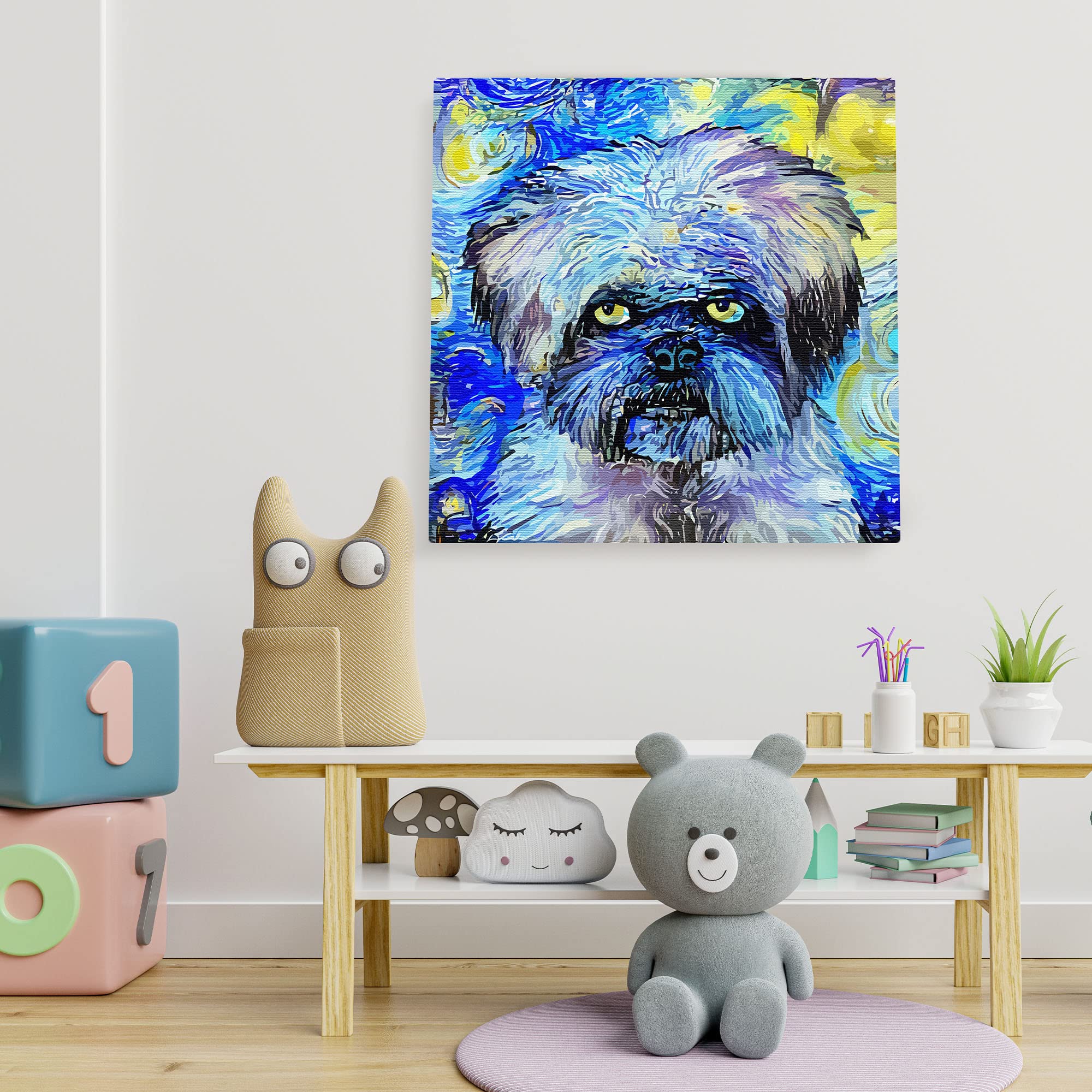 Colorful abstract blue Shih Tzu dog art with vibrant swirling patterns on square canvas hanging on white wall above kids bench