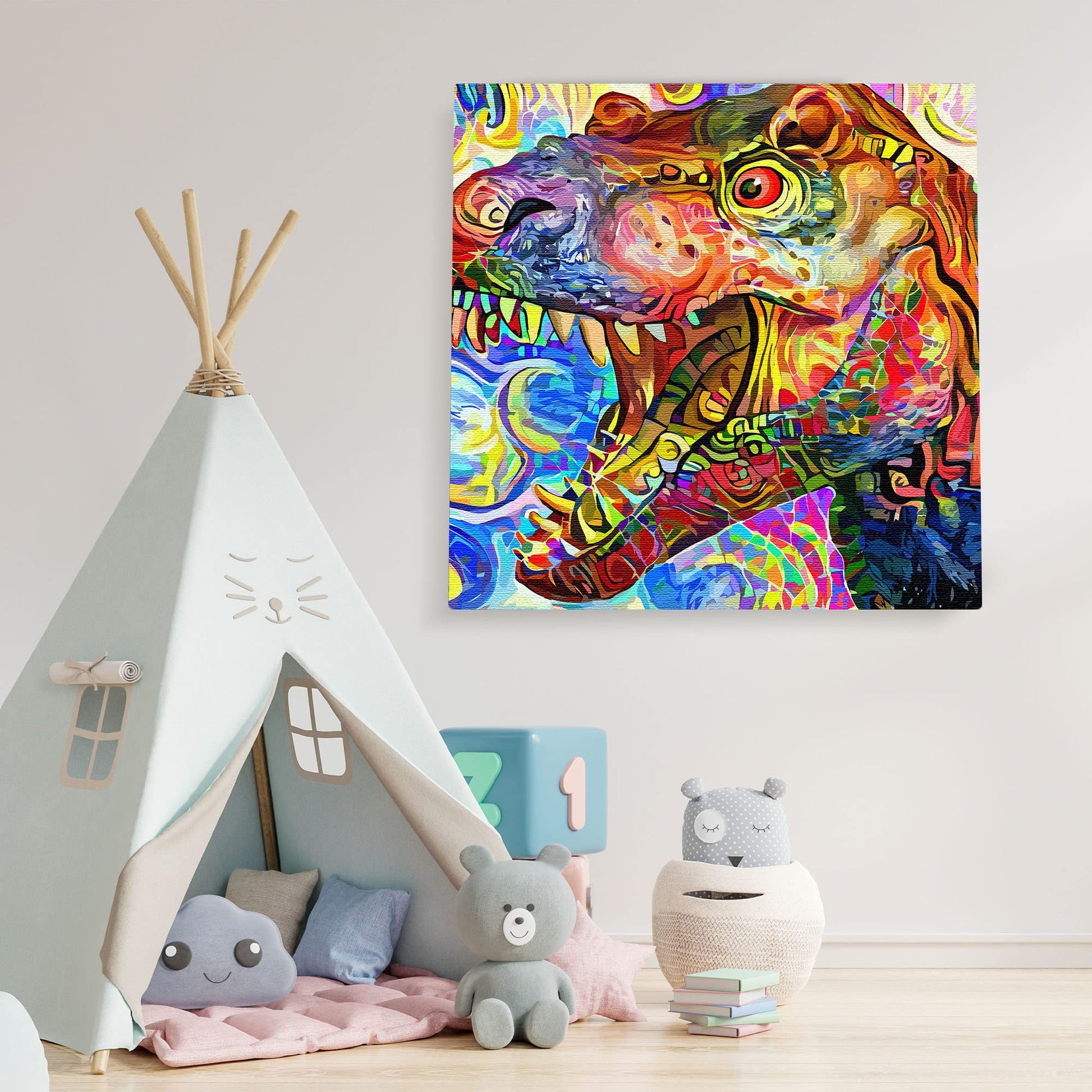 Vibrant colorful abstract T-Rex dinosaur wall art with bold geometric patterns on square canvas in playful kids room setting
