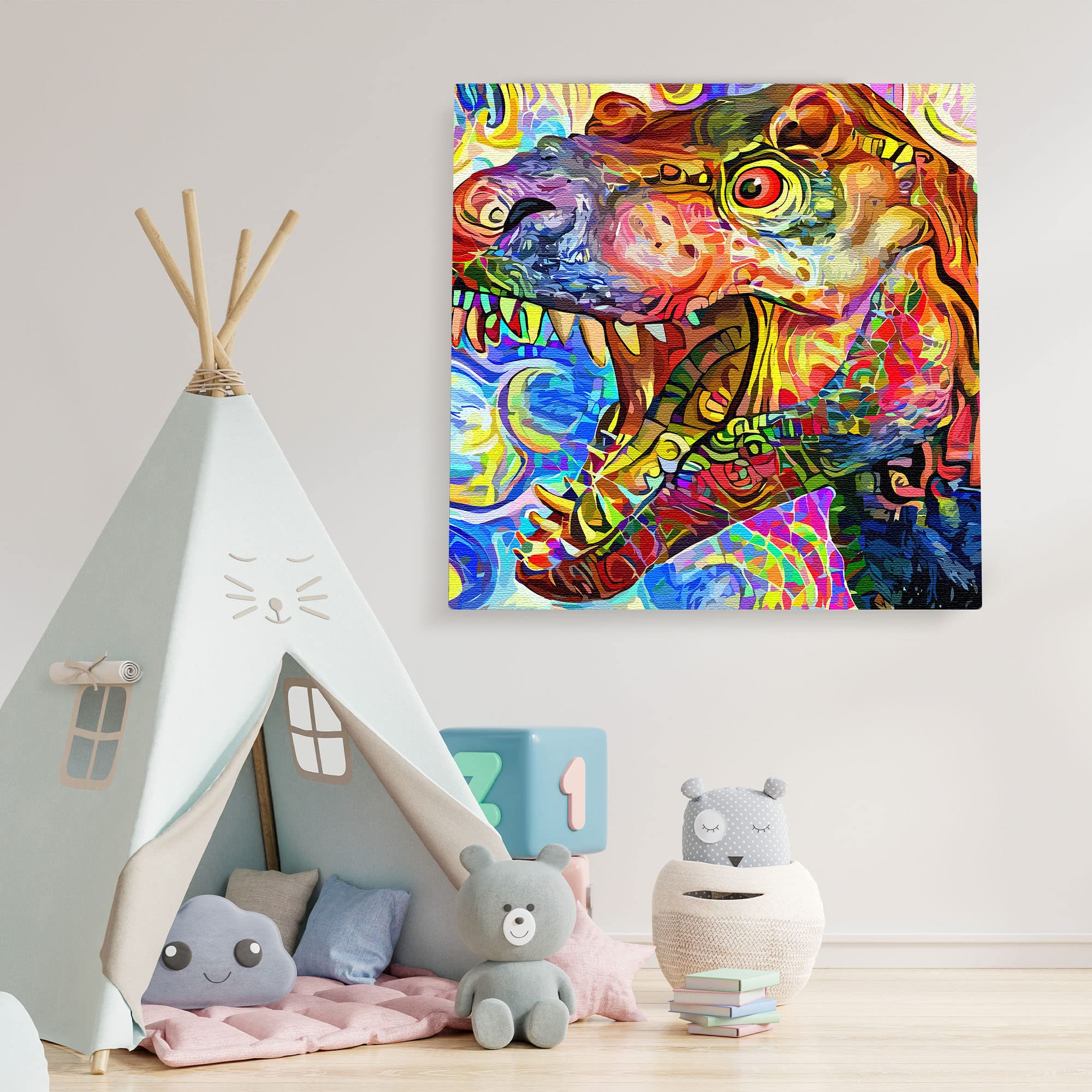 Vibrant colorful abstract T-Rex dinosaur wall art with bold geometric patterns on square canvas in playful kids room setting