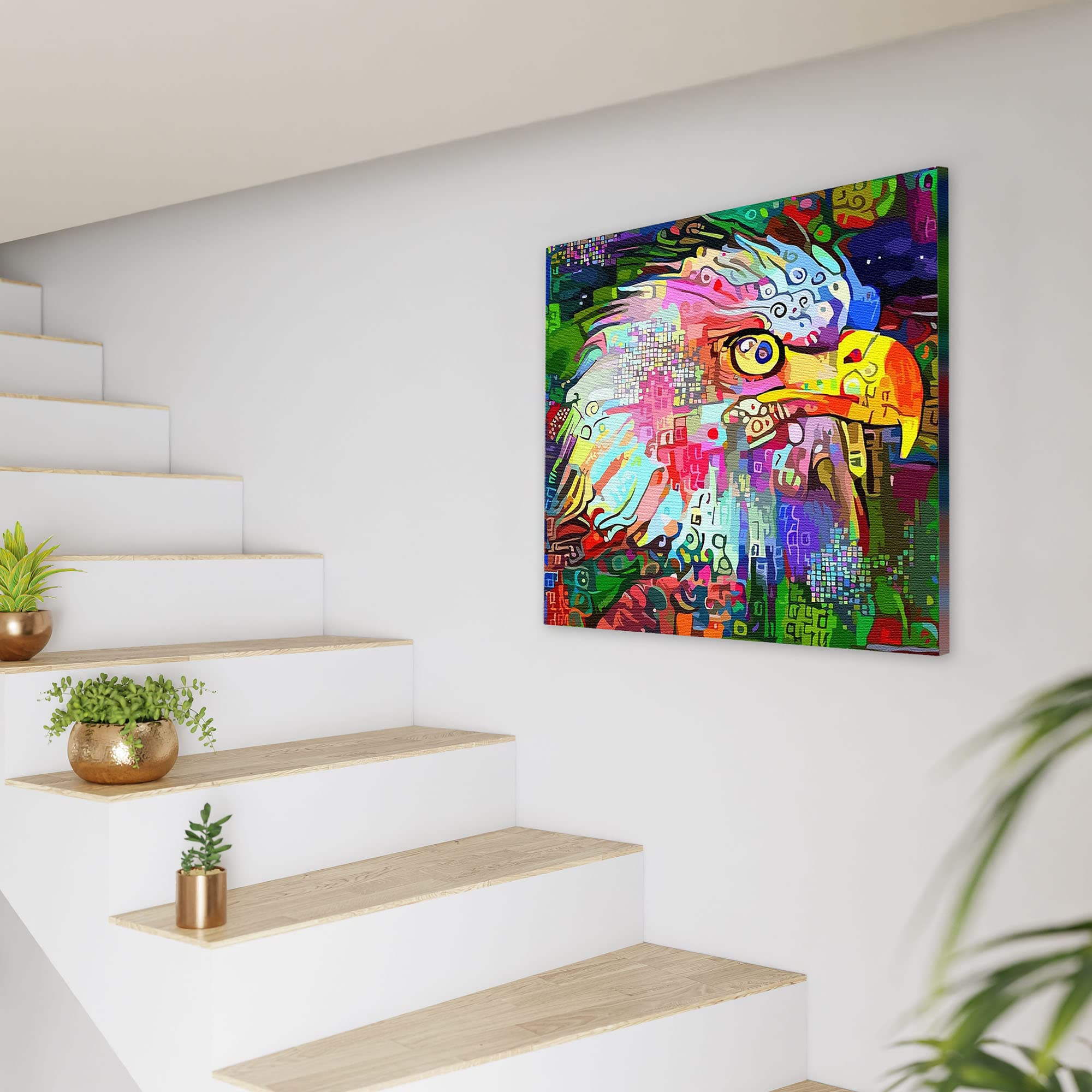 Colorful abstract eagle head wall art with vivid geometric and digital patterns on canvas hanging on white wall near stairs