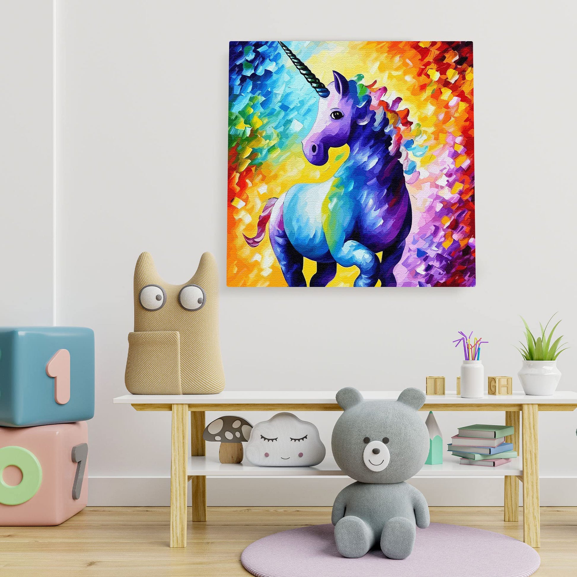 Colorful purple unicorn with blue and yellow highlights on vibrant abstract background printed on square canvas in kids room