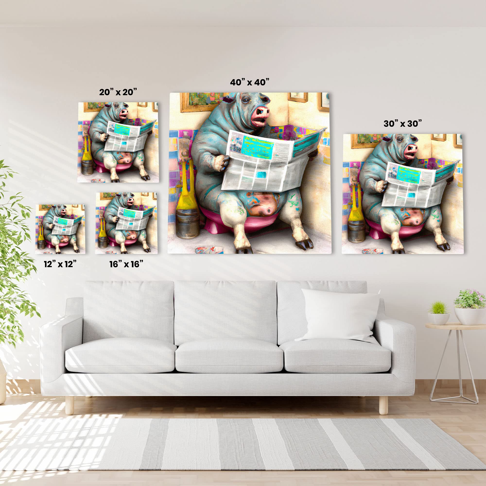 Colorful quirky funny pig bathroom wall art with cartoon pig sitting on toilet reading newspaper with bathroom decor and tiles